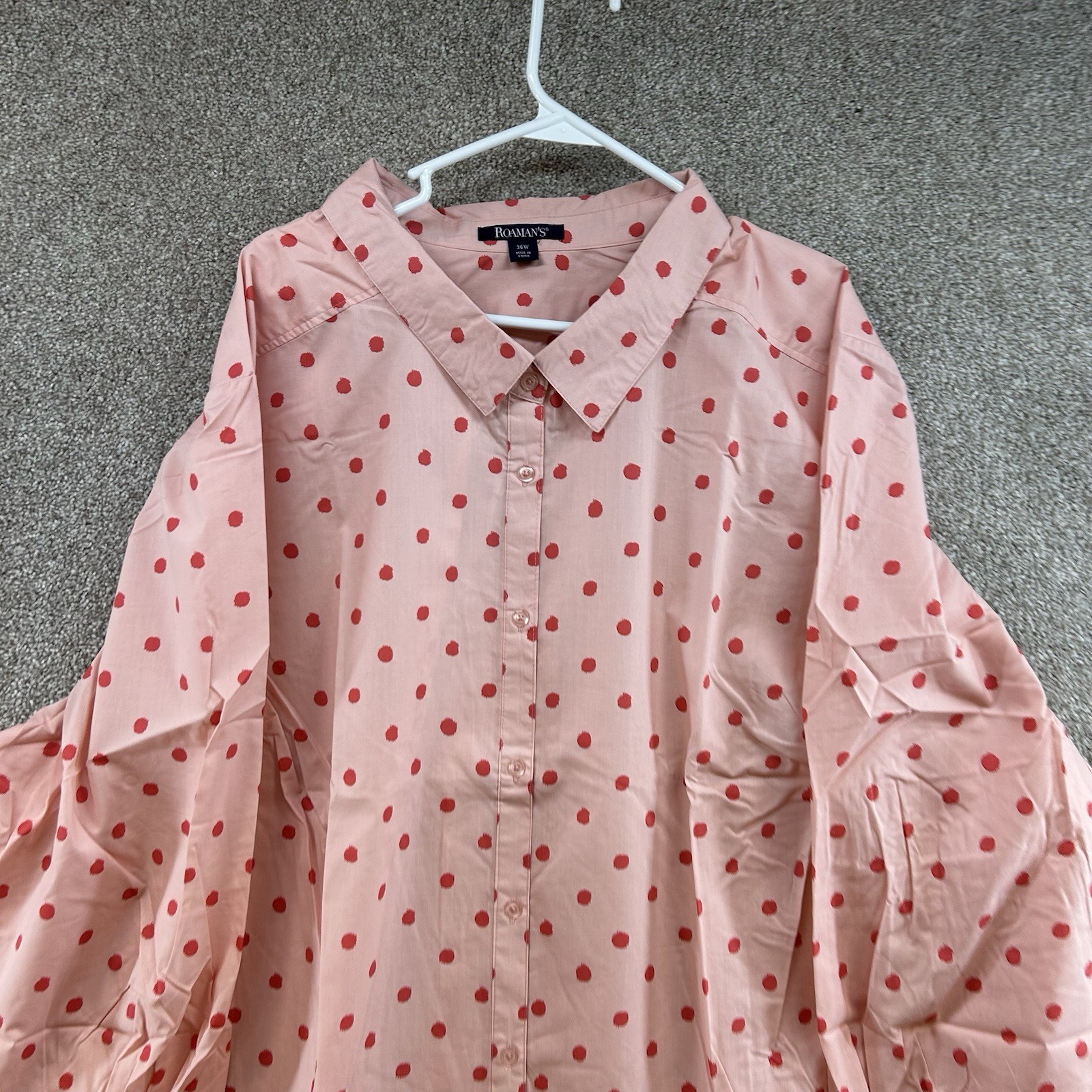 NWOT Roman’s Women’s Button Front Shirt Size 36W Pink Red Polka Dot Blouse Plus