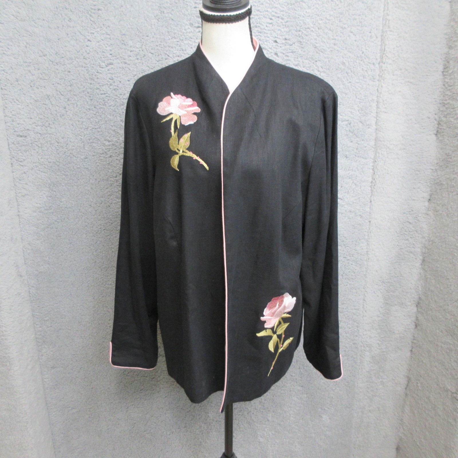 Jessica Howard Linen Jacket Women 16 Black Pink Floral Embroidered Open Romantic