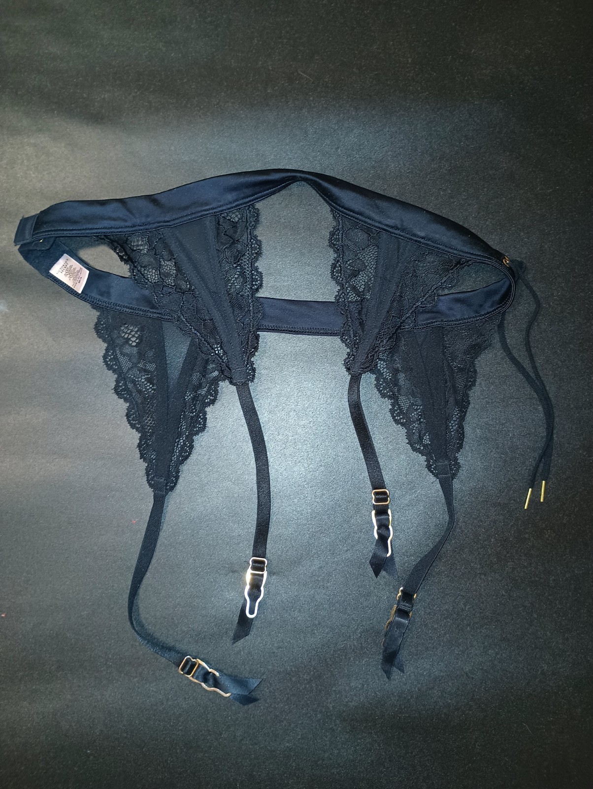 Victoria’s Secret Garter Belt Lingerie Black Lace Satin Ties Medium M Large L