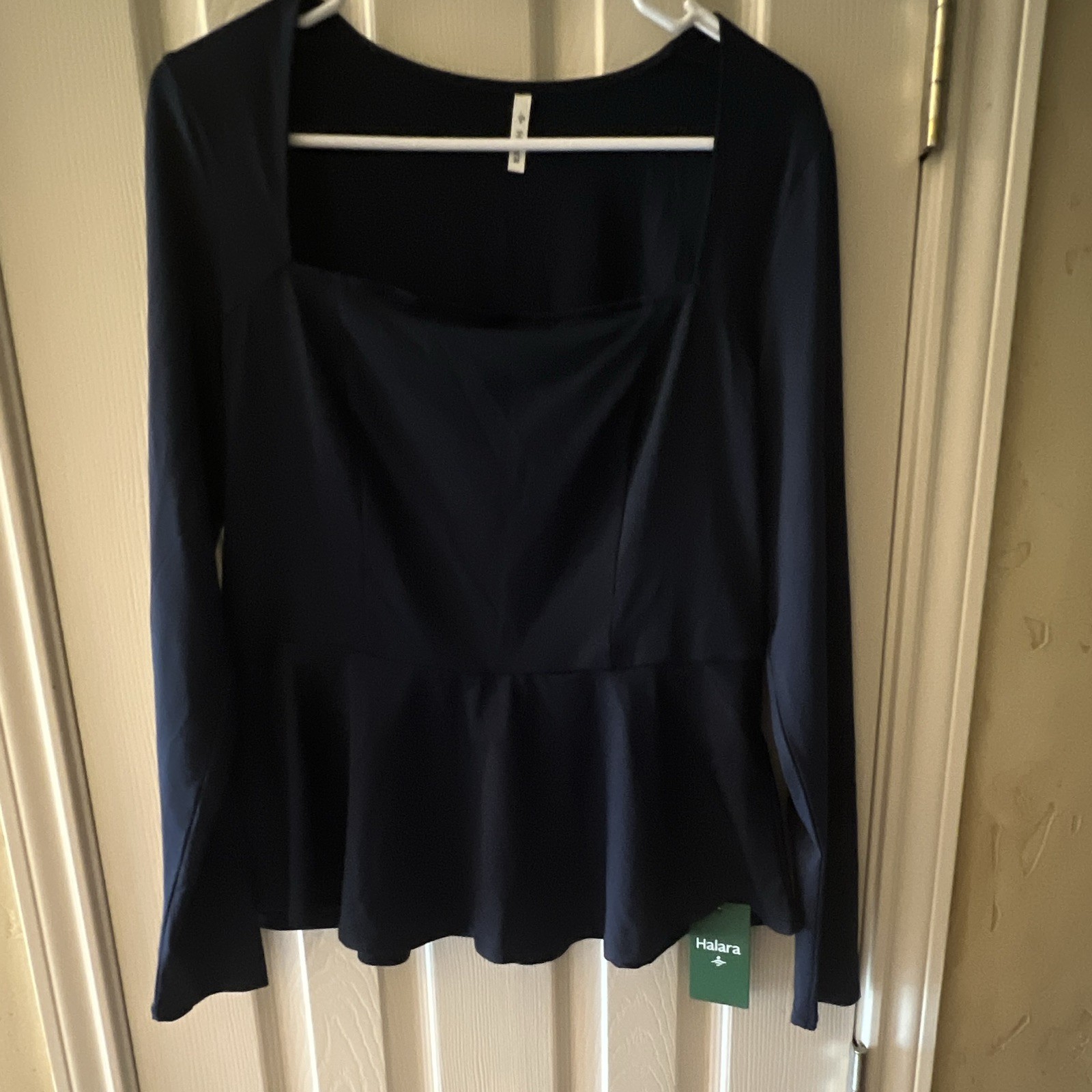 Halara Women’s Navy BlueSolid Square Neck Long Sleeve Pullover Blouse L