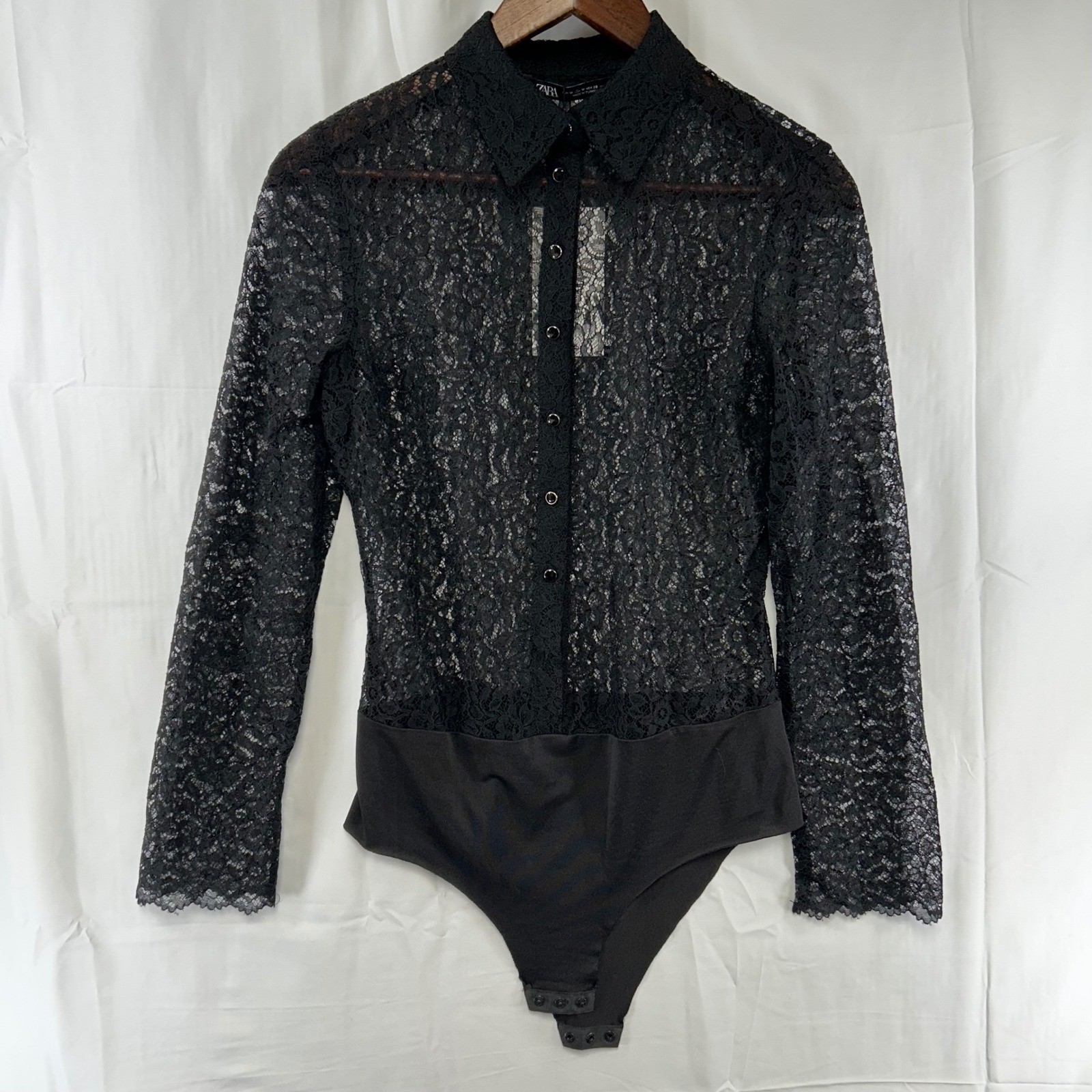 Zara Lace Bodysuit Womens Medium Black Sheer Button Front Long Sleeve 3564/197