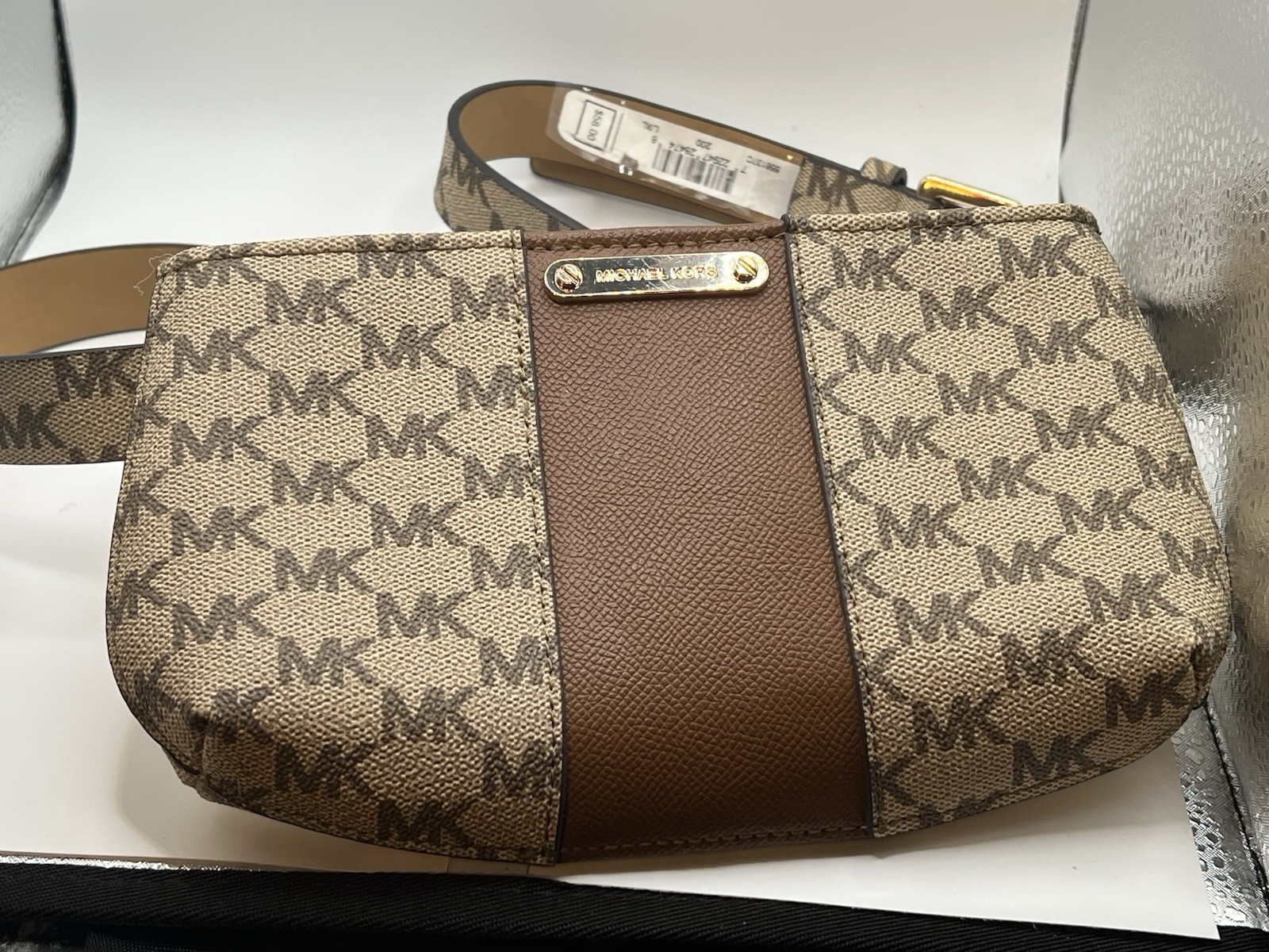 Michael Kors Logo Belt Bag Beige Brown Zip Closure Inner Pockets Designer