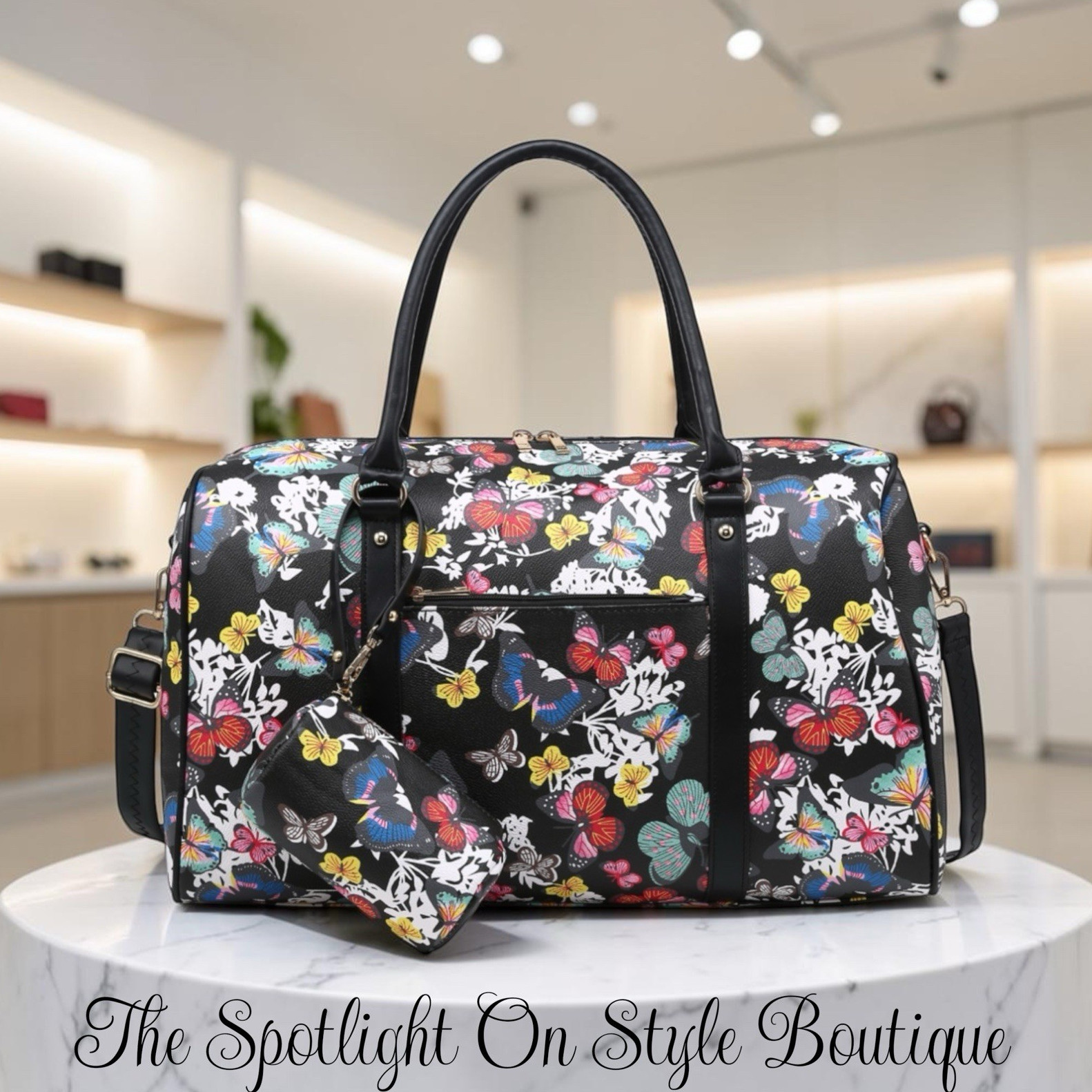 Women’s Large Duffle Bag Black Multicolor Floral Butterfly Zip Detachable Strap