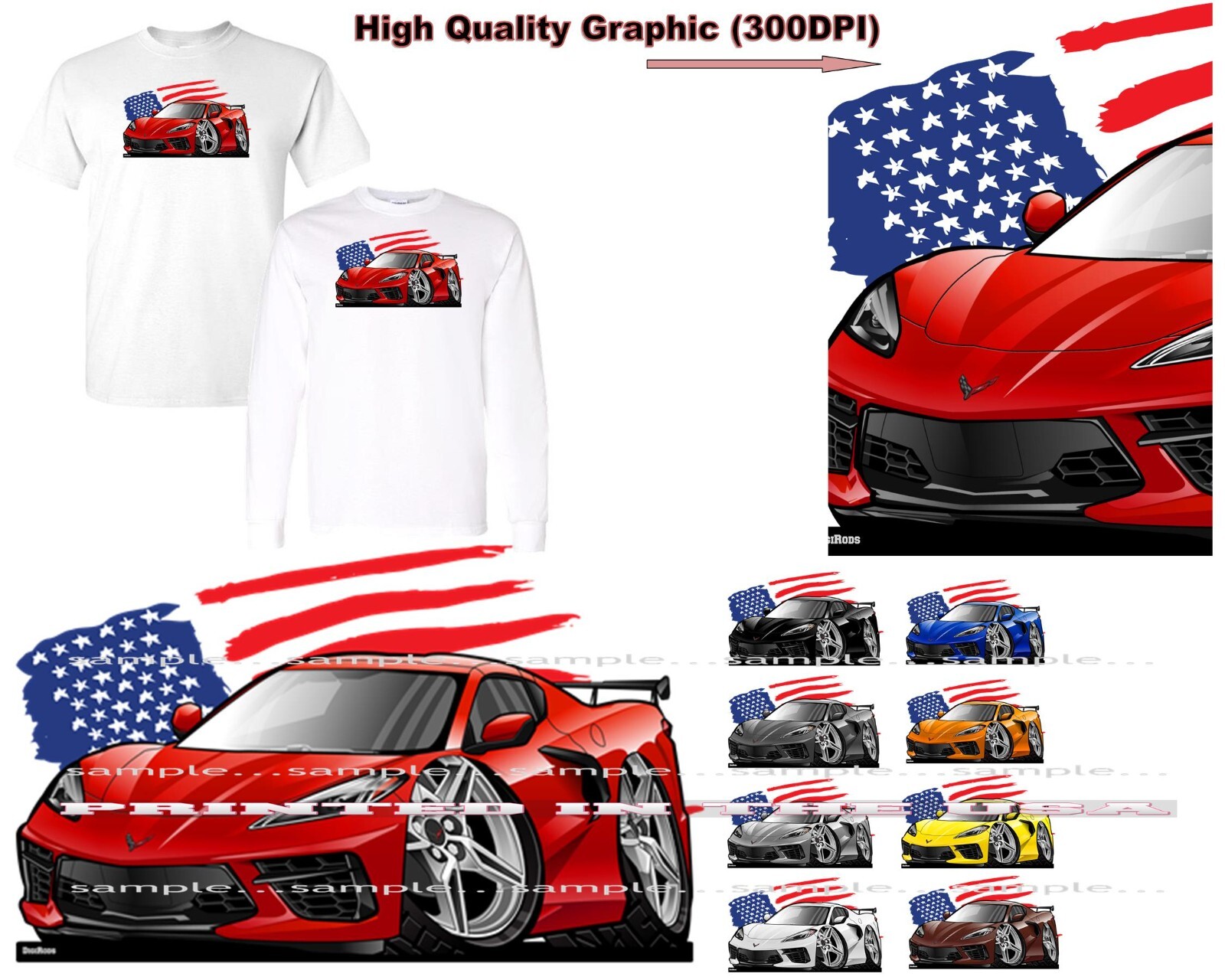 Corvette C8 American Muscle Paint Colors USA Flag DigiRods Cartoon Car T Shirt