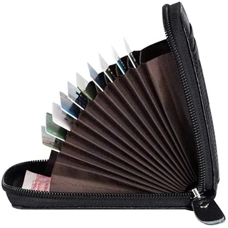 Leather Credit Card Holder RFID-Blocking Zipper Pocket Wallet with ID Window