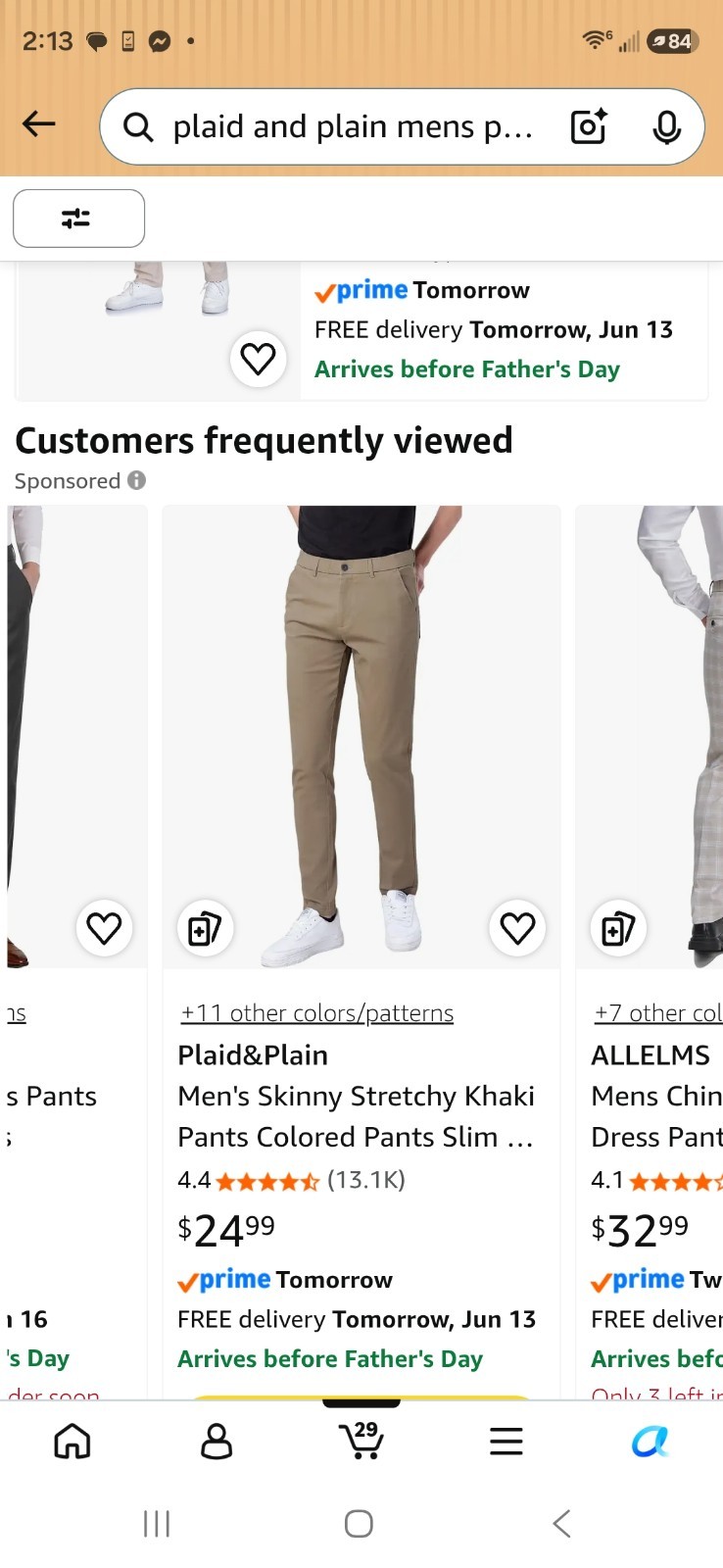 Plaid&Plain Men’s Skinny Fit Khaki Chino Pants 38W Tapered Flat Front NWT