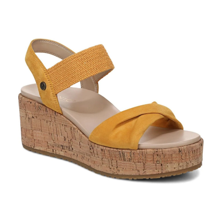 Vionic’s Darla Espadrille Wedge Sandal, Amber Yellow Suede