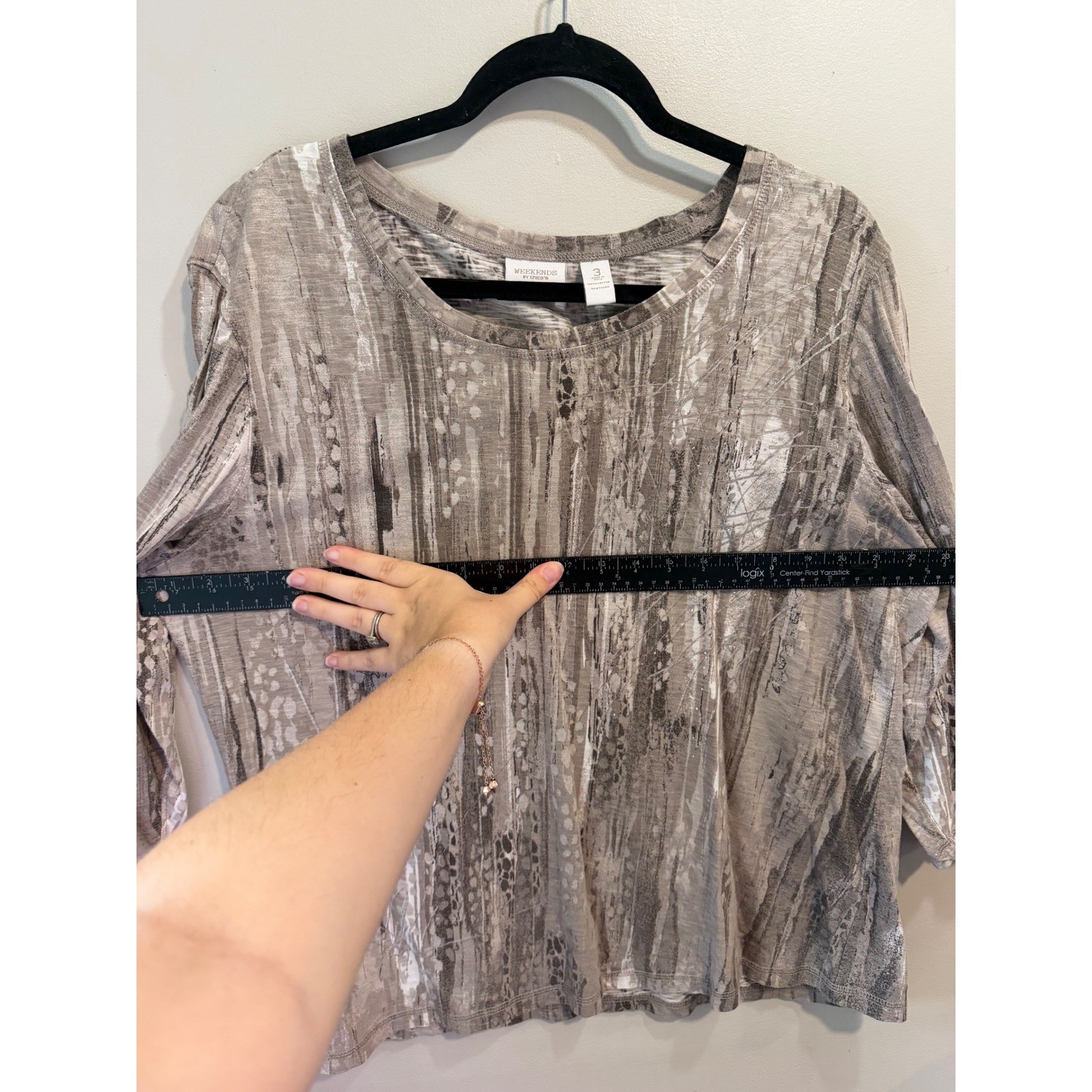 Weekends by Chicos Womens Grey Abstract Print 100% Cotton 3/4 Sleeve Top Size 3