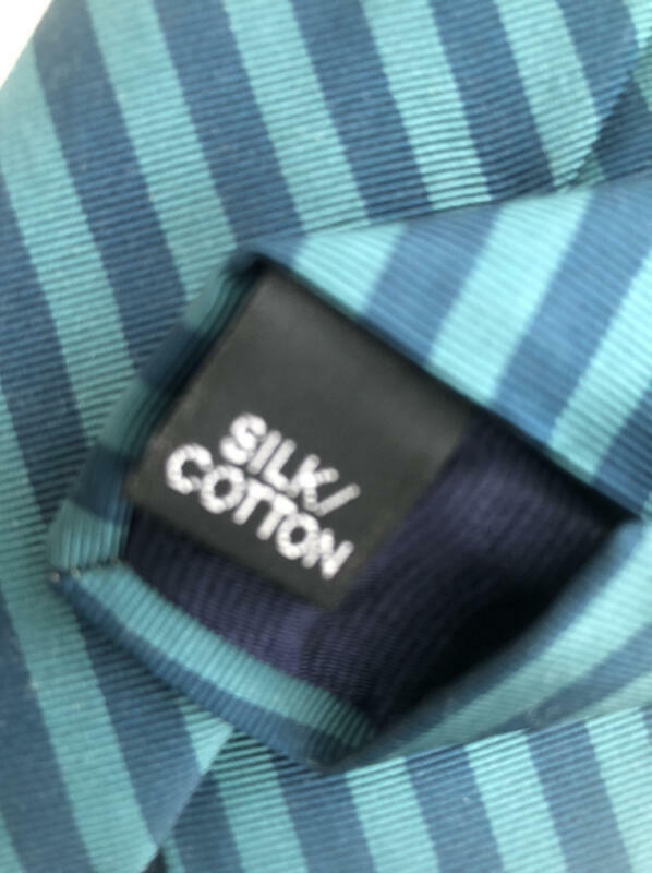 HOLLAND & SHERRY EUC Green Blue Striped Silk-Cottton Tie USA 55¾” X 3½”