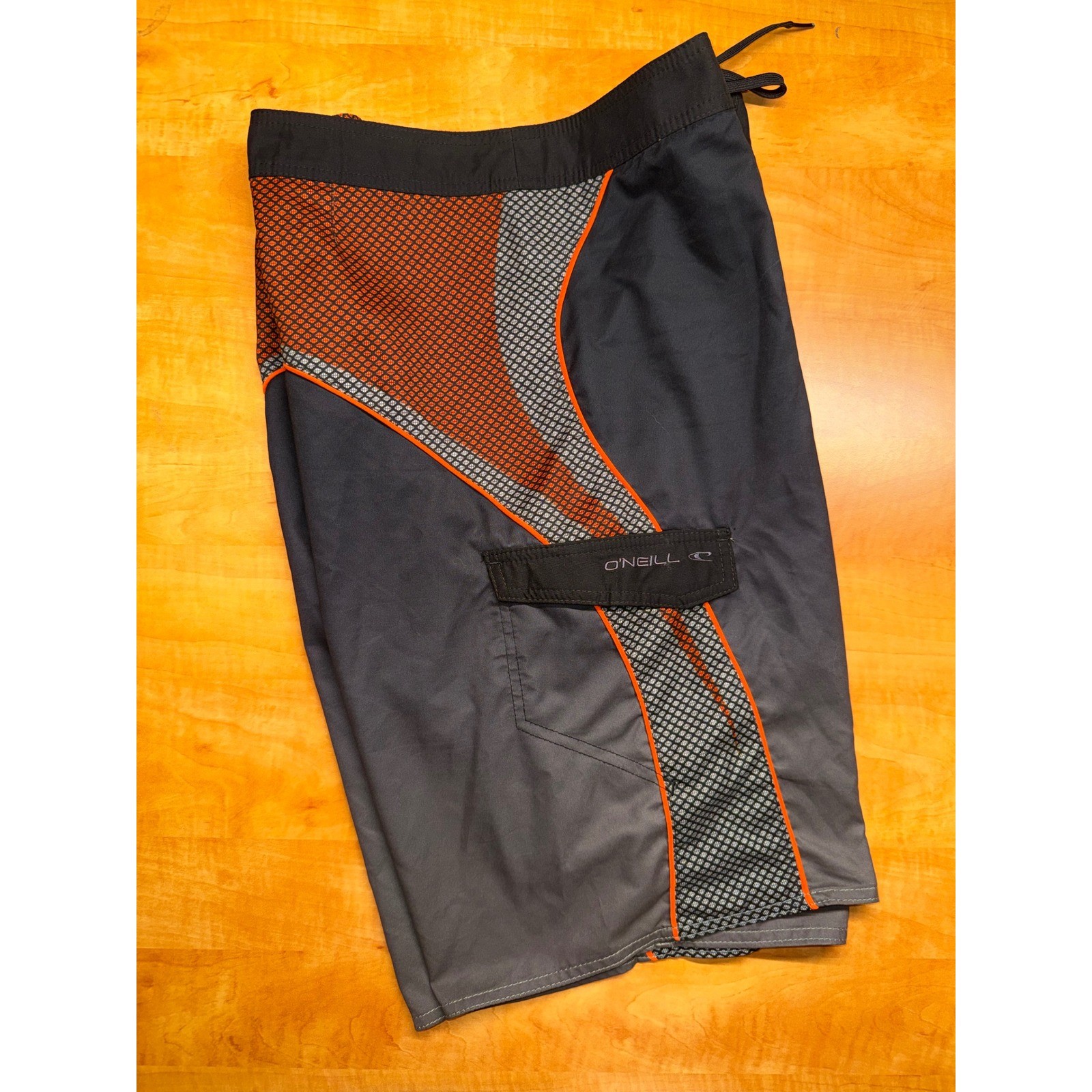 ONeill Mens Board Shorts Size 38 Grey Orange Ombre Cargo Pocket Swim Trunks