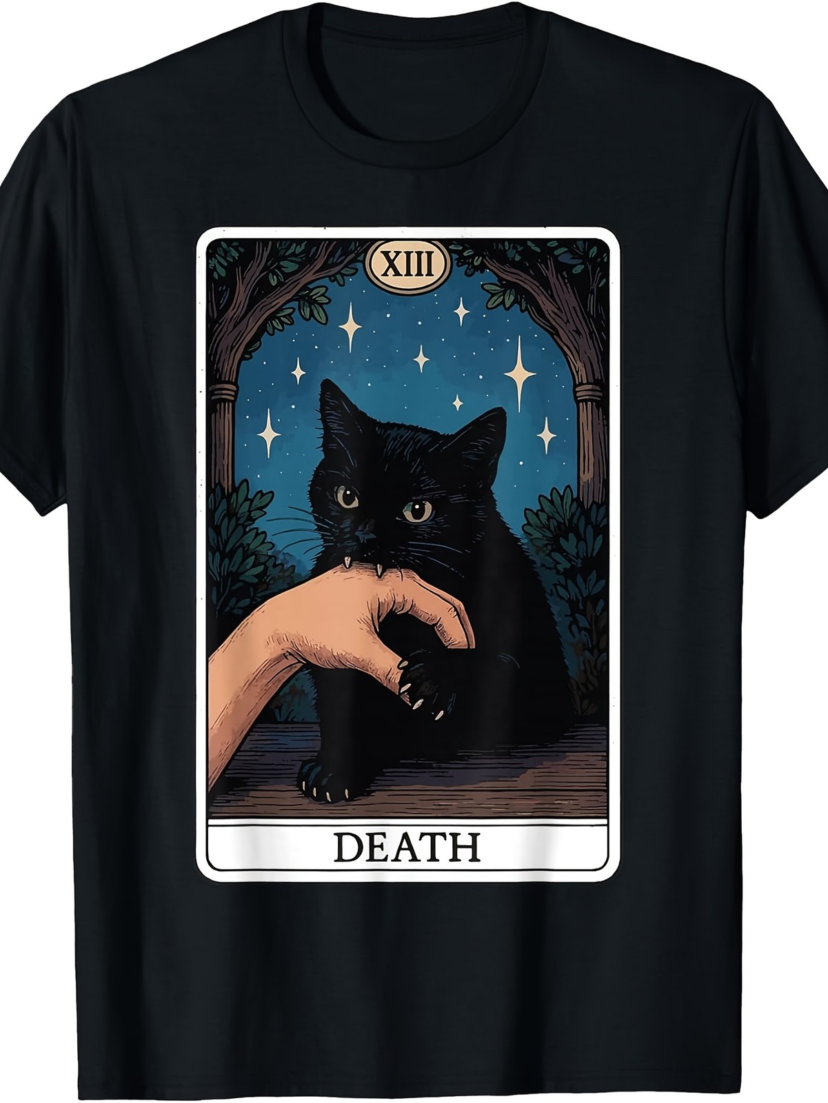 Cat Death Tarot Card Graphic T-Shirt Gothic Mystic Cat Tarot Tee