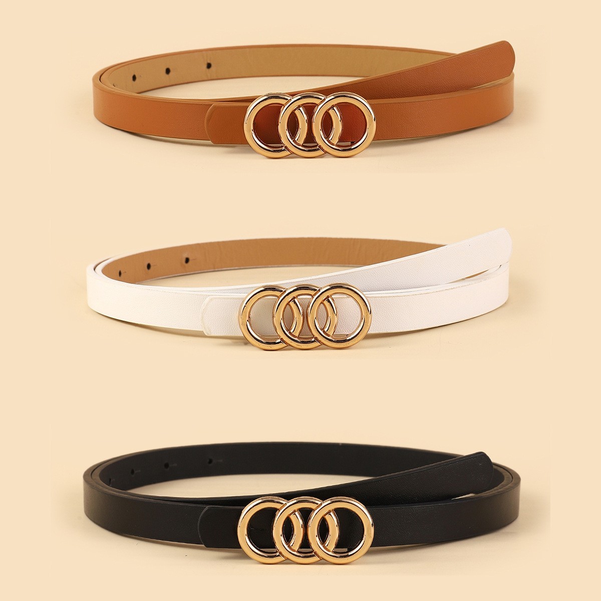 Women’s Thin Three Ring Belt – Simple Fashion Decorative PU Waist Belt