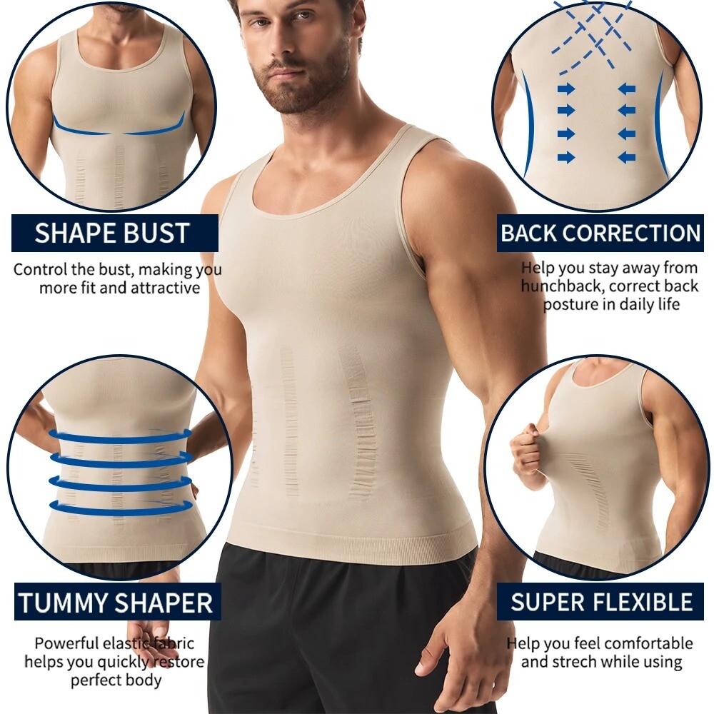 Mens Slimming Body Shaper Tank Top Abdomen Gynomastica Compression Vest Shirt US