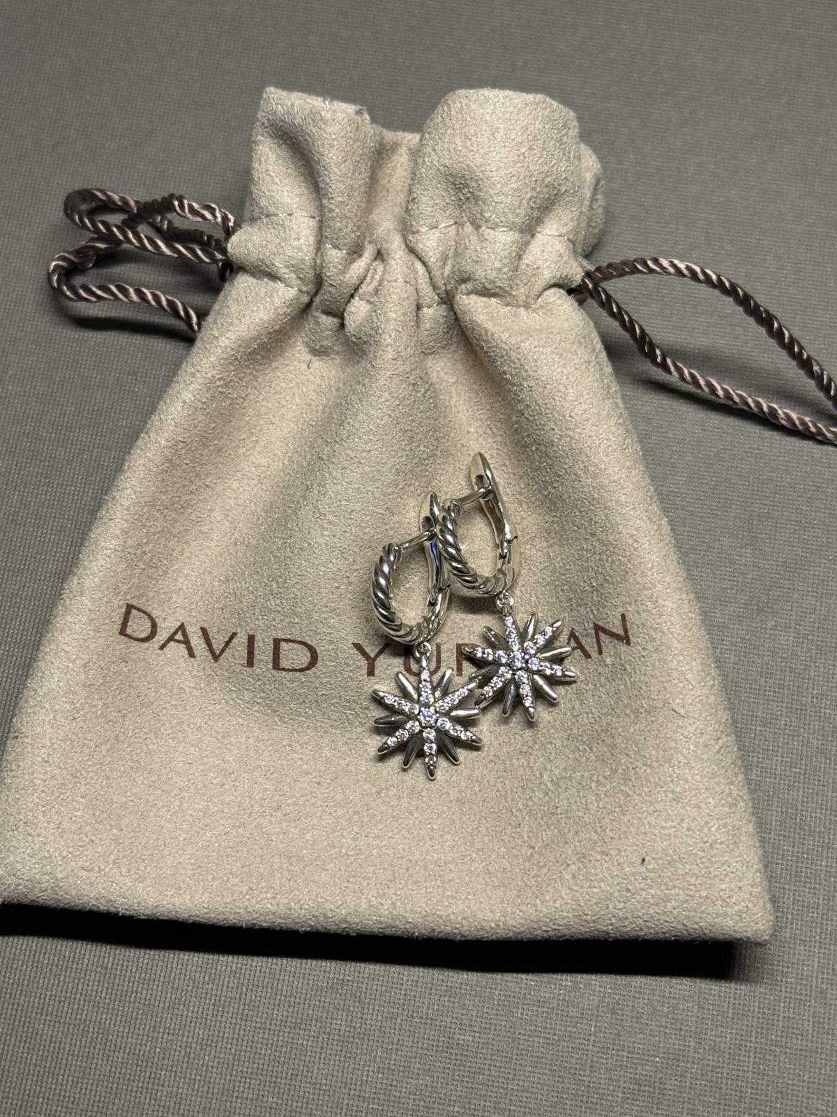 David Yurman 925 Sterling Silver Starburst Diamond Drop Earrings 7 mm