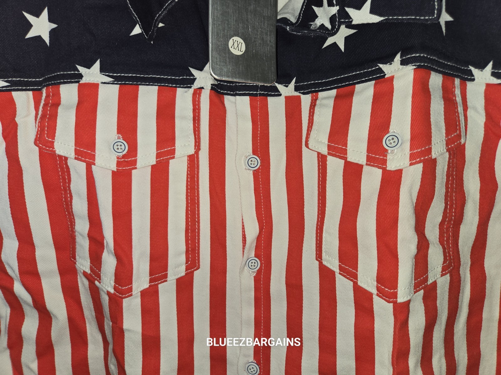 RED, WHITE & BLUE RIPPED STYLE SLEEVELESS DENIM SHIRT. BUTTON UP – WOMEN – XXL