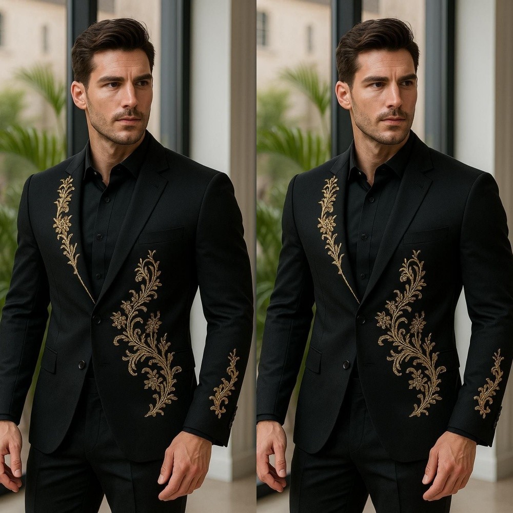 Black Men Suits Gold Embroidery Party Prom Formal Wedding Tuxedos Men Blazers