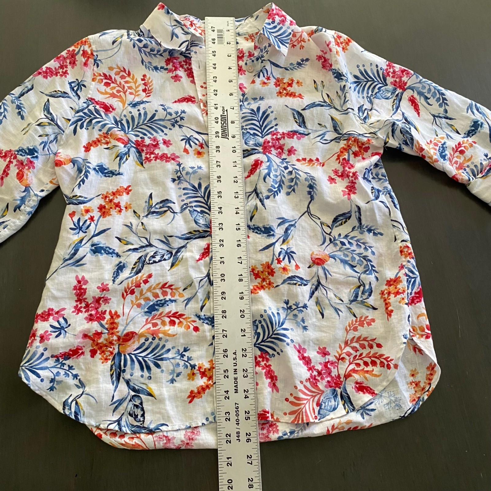 Chicos Floral 100% Linen Button Down Shirt White Blue Pink Orange US 6 570367210