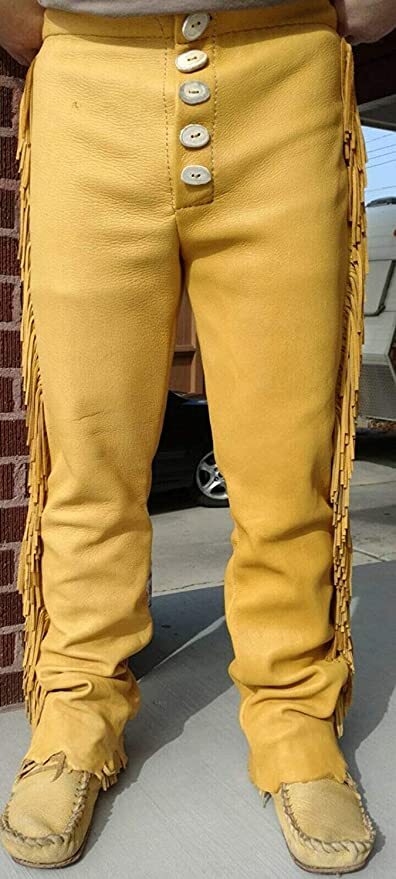Men Native American Western Buckskin Ragged Leather Deerskin Pants Mountain Man