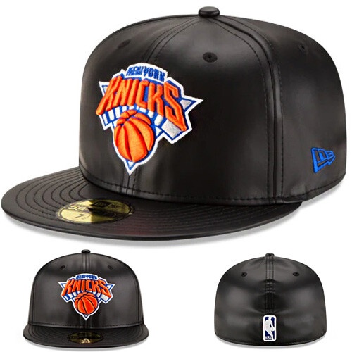 New Era New York Knicks P.U Fitted Hat NBA Official Team Black Faux Leather Cap