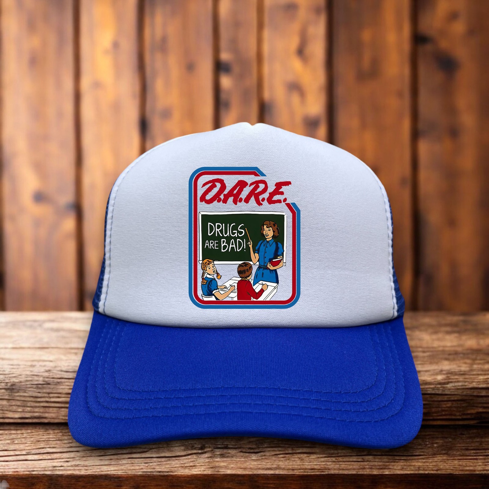 D.A.R.E. Drugs Are Bad Mens Trucker Hat Blue Snapback Anti-Drug Campaign Vintage