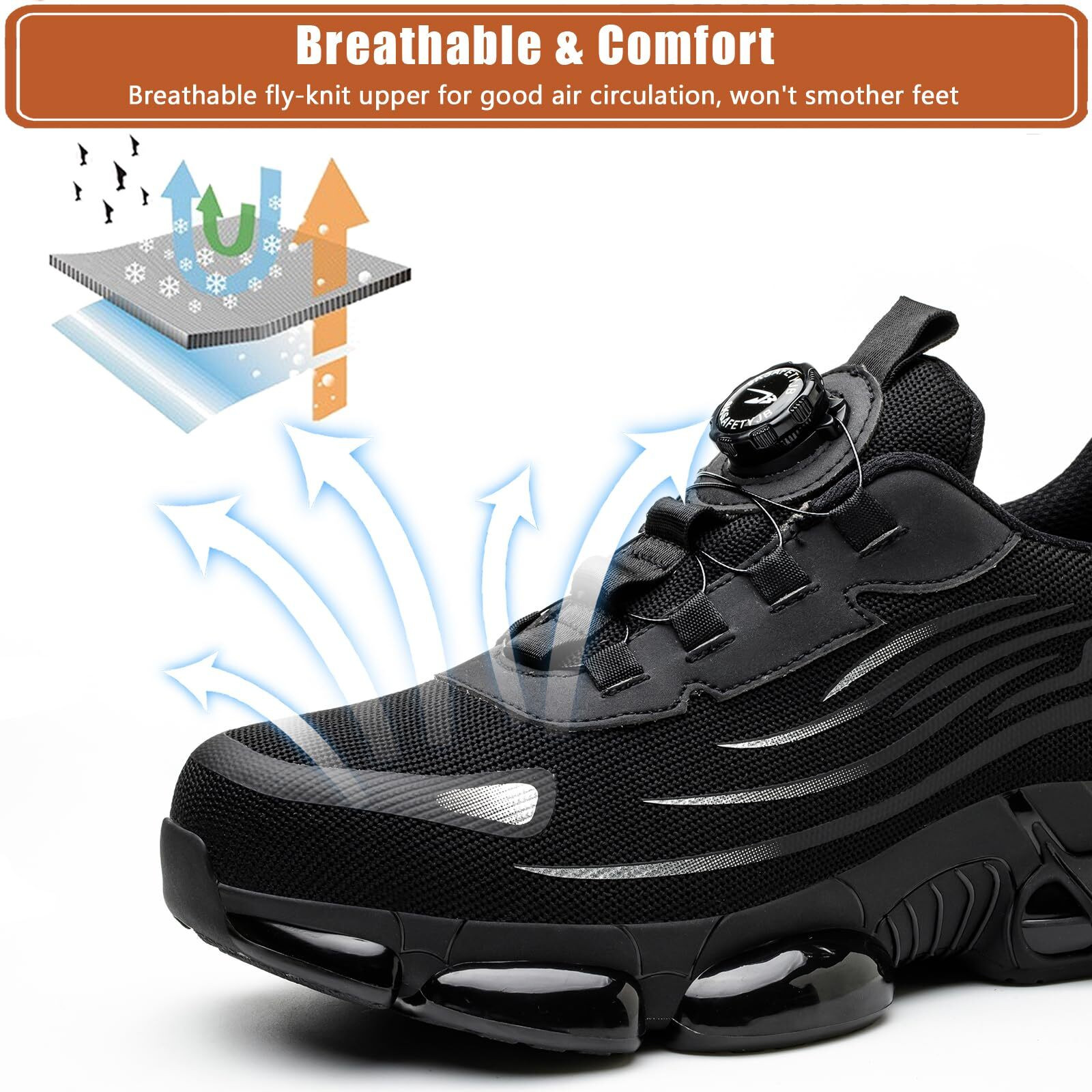 Men Safety Toe Work Shoes Rotating Buckle Breathable Non-Slip Steel Toe Sneakers