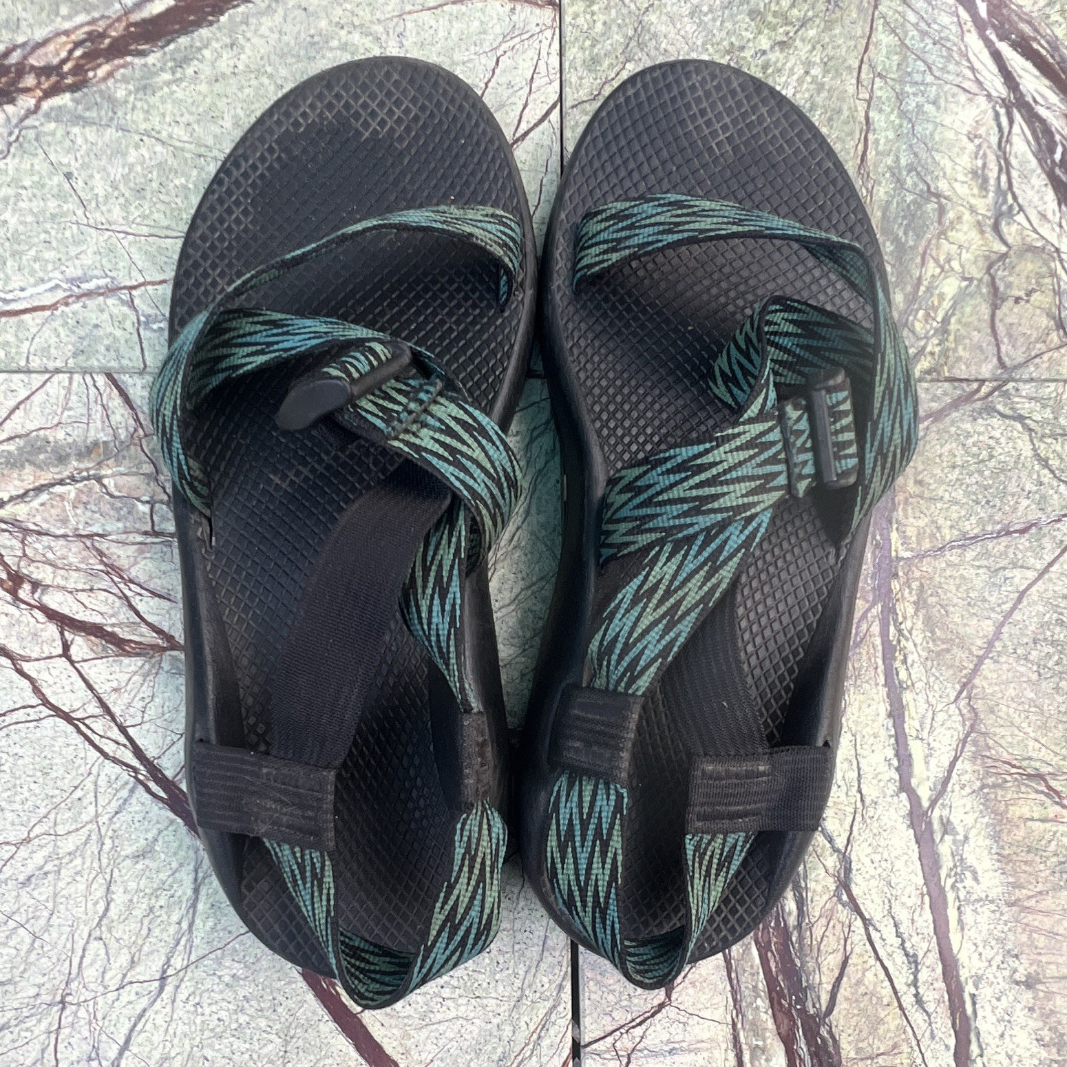 Chaco Men’s Strappy Sandals Black/Teal Geometric Hook & Loop US 12