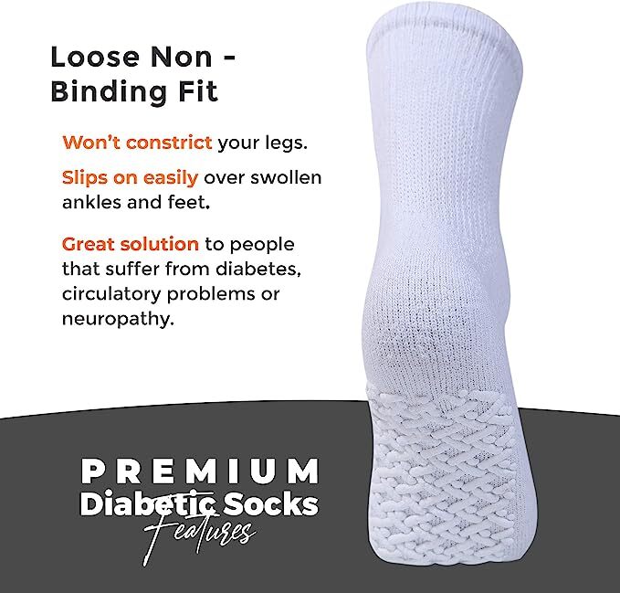 Non Skid Diabetic Crew Socks Non Binding Loose Fit Top Cotton Gripper Men Women