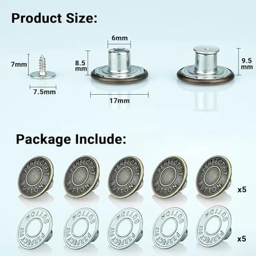Jeans Button Replacement Screw, Jean Buttons for Loose 17mm 5 Brass + 5 Silver