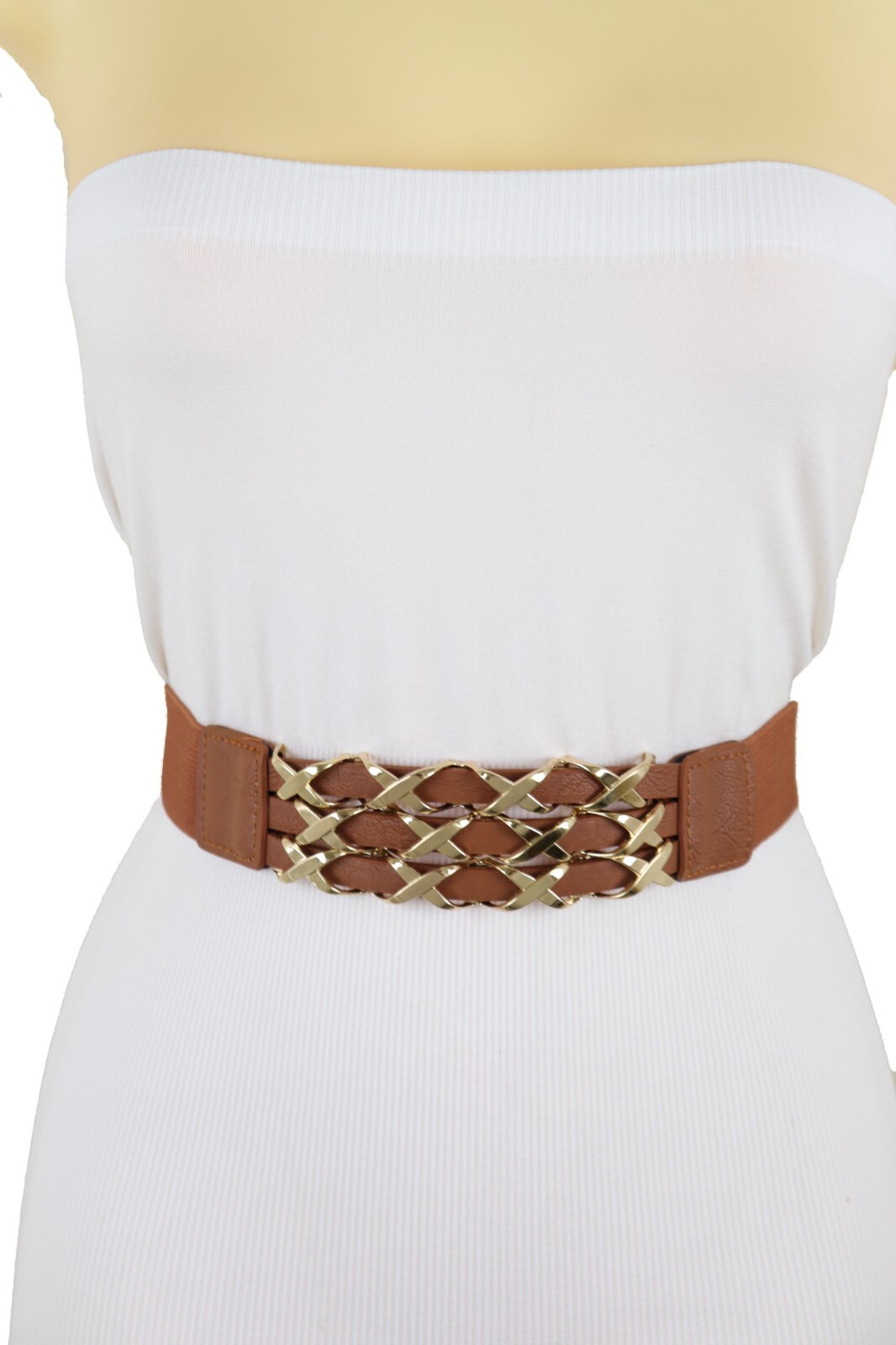 Women Brown Color Elastic Waistband Fashion Belt Gold Metal XX Charms Size S M