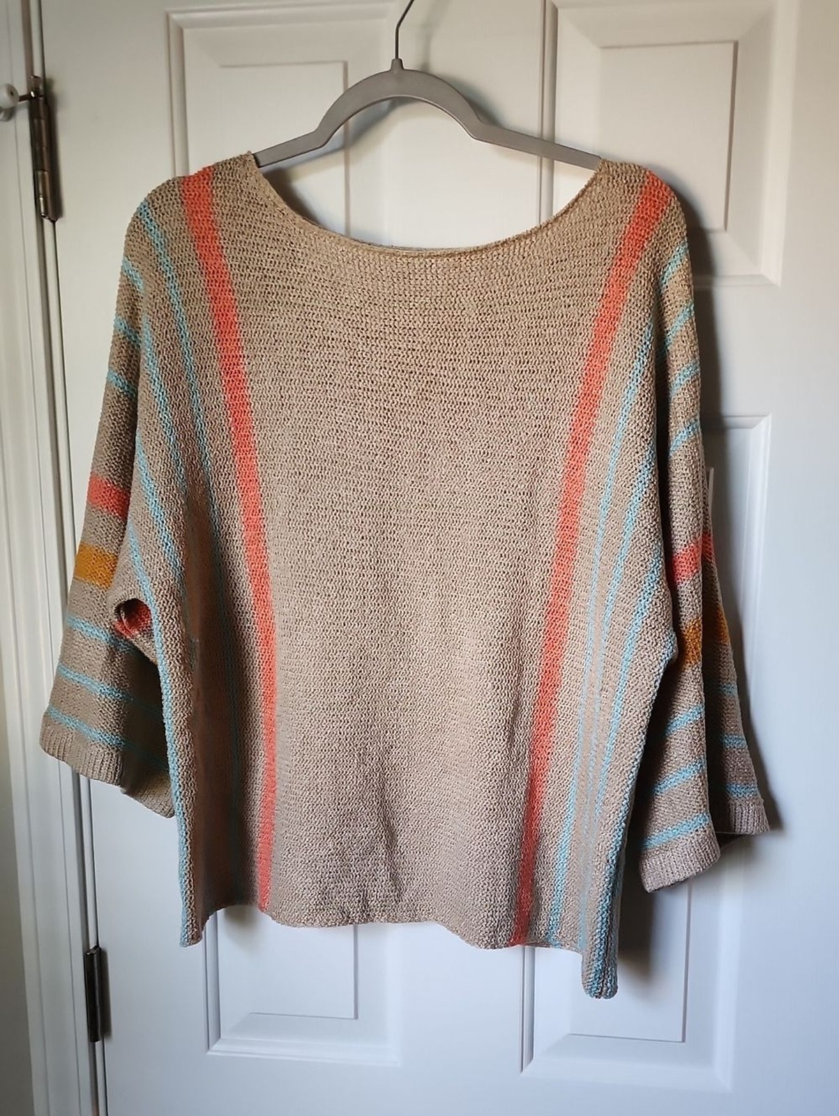 Beige Striped Scoop-Neck Sweater with Coral & Light Blue Accents