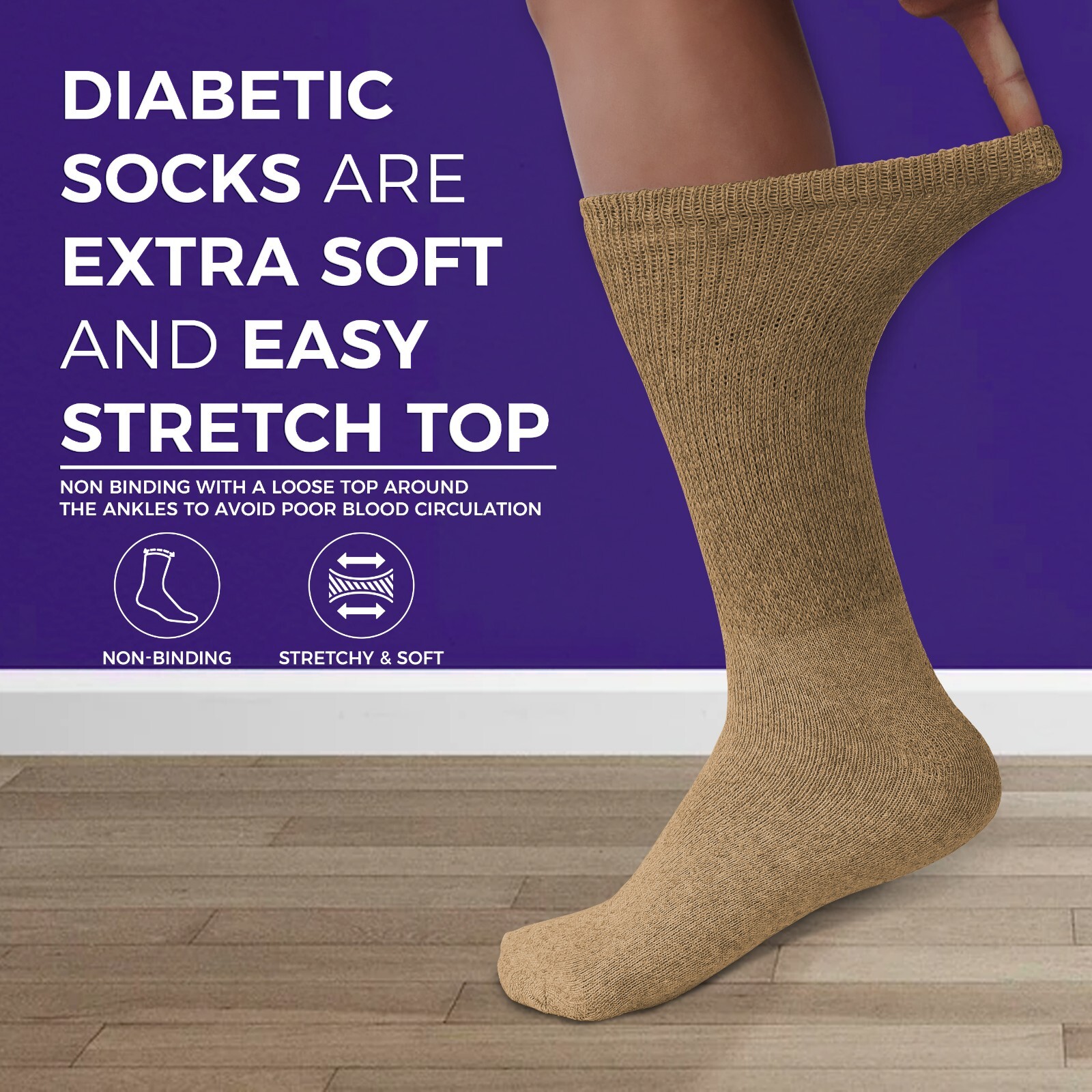 6Pairs Beige Diabetic Cotton Crew Socks Health Circulatory Size9-11 10-13 13-15