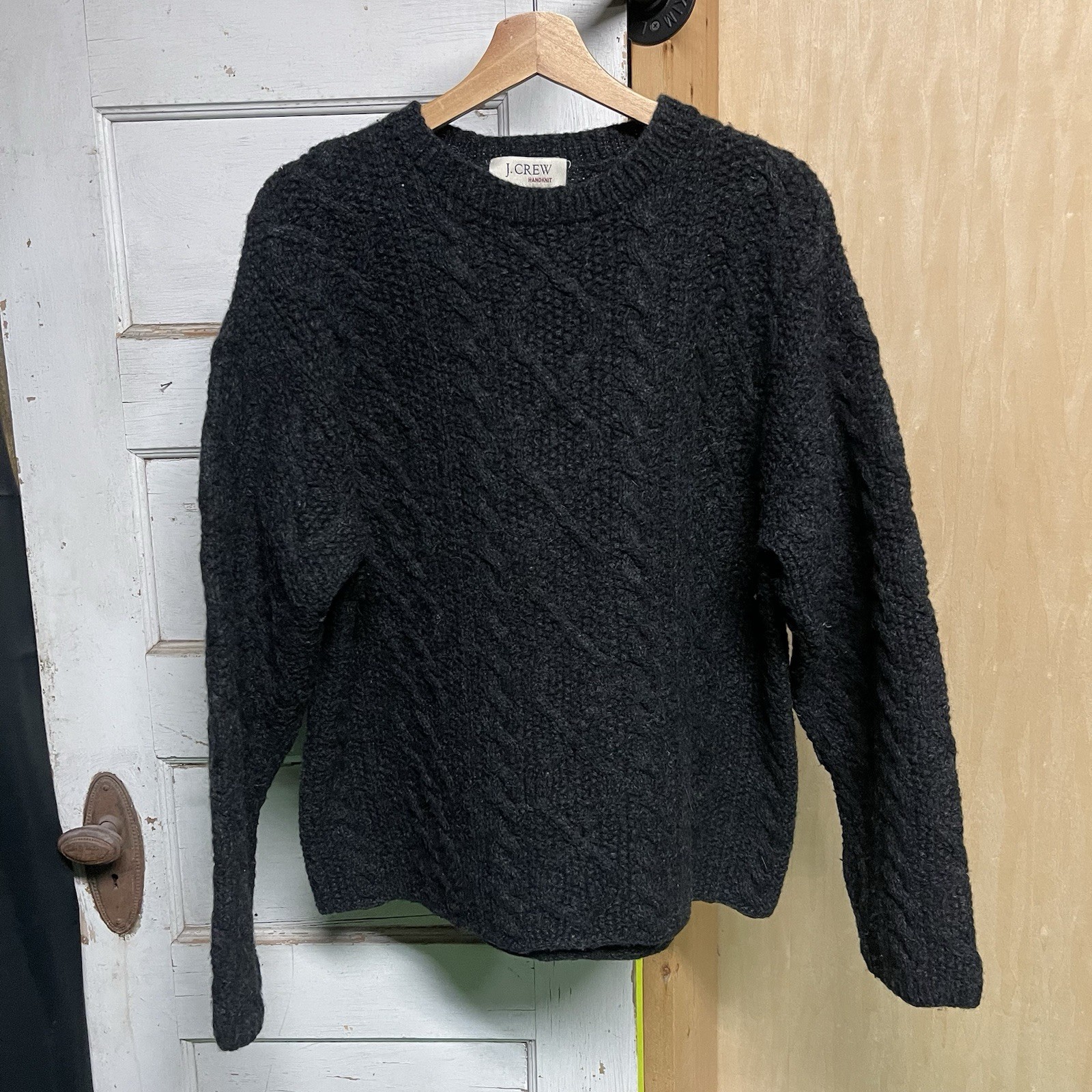 Vintage J.Crew Handknit Sweater Wool Fisherman Cable Knit Gray Sz Large