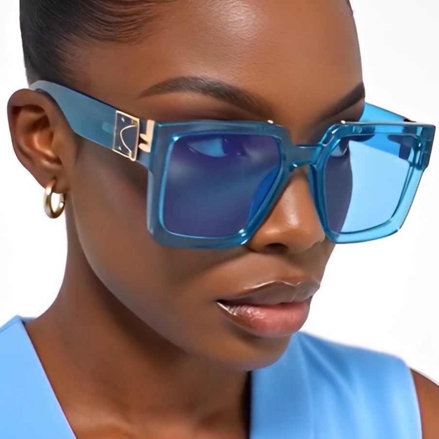 Womens Oversized Square Translucent Blue Sunglasses Gold Hardware 153mm Frame