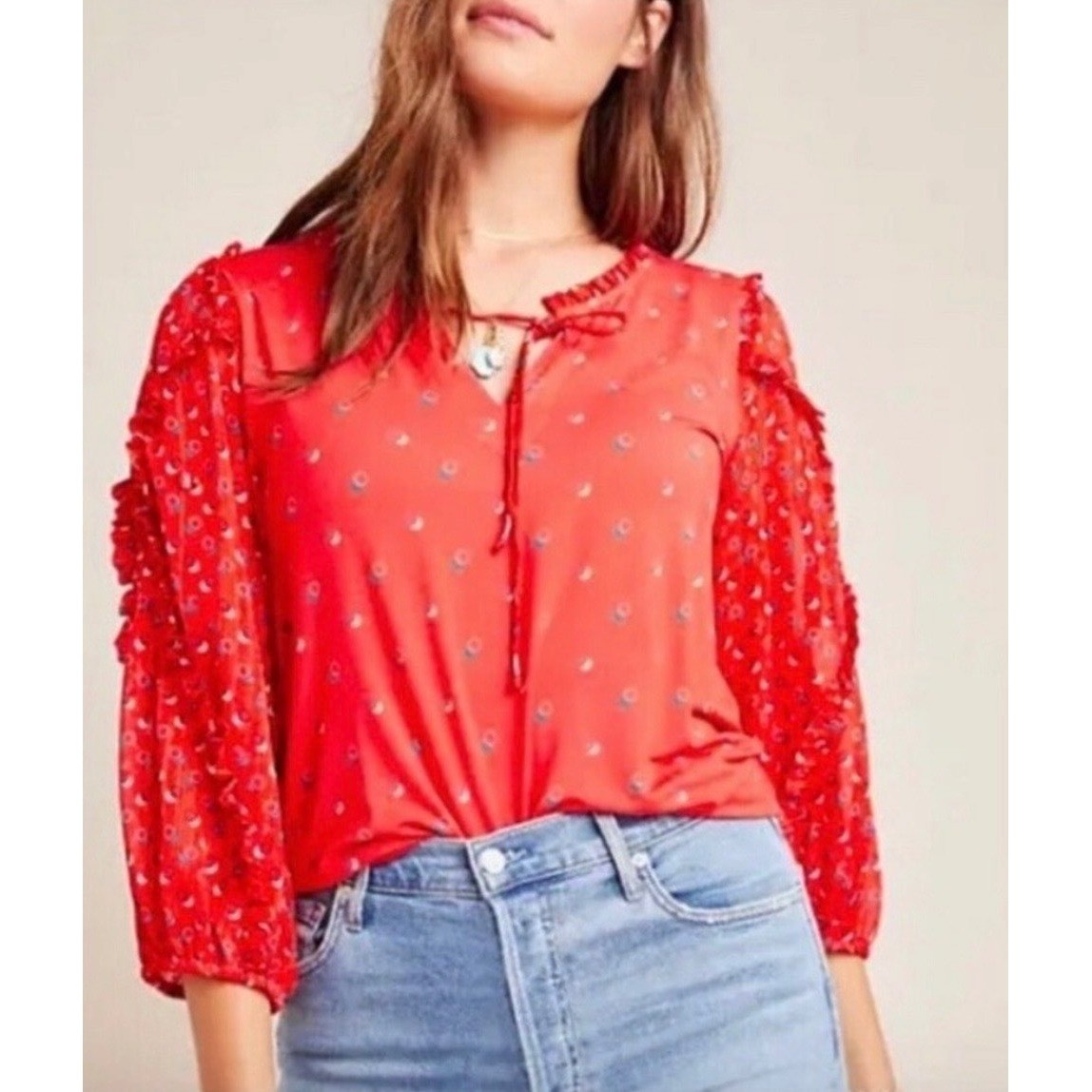 Maeve Anthropologie Red Polka Dot Ruffle Tie Neck Balloon Sleeve Blouse XS