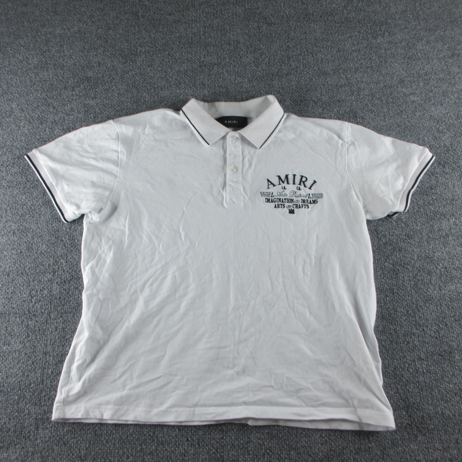 Amiri Polo Shirt Mens Small White Short Sleeve Arts Crafts Embroidered Logo