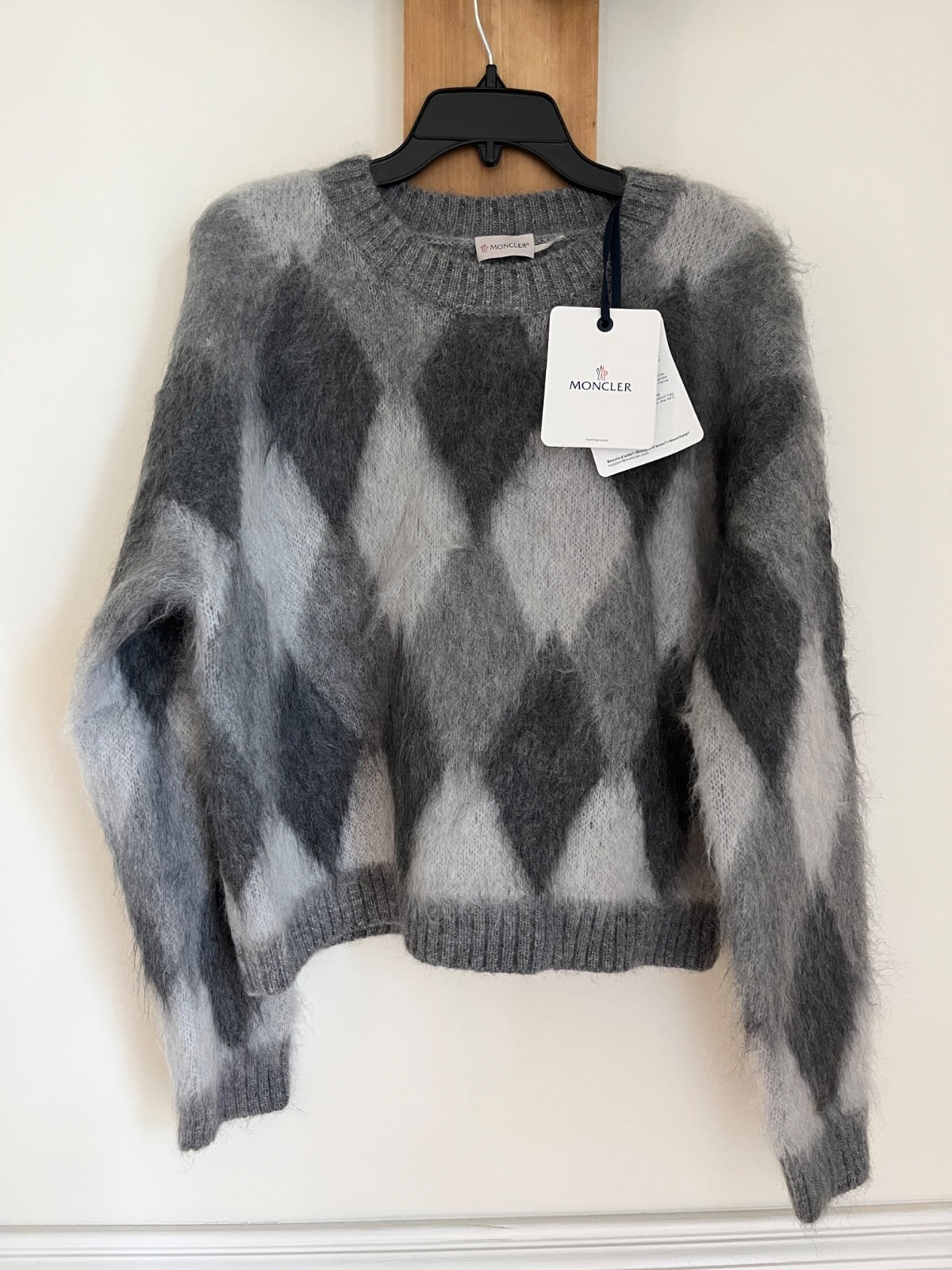 Moncler Argyle Crewneck Sweater Mohair Gray Sz L $1100 New NWT Made in Italy