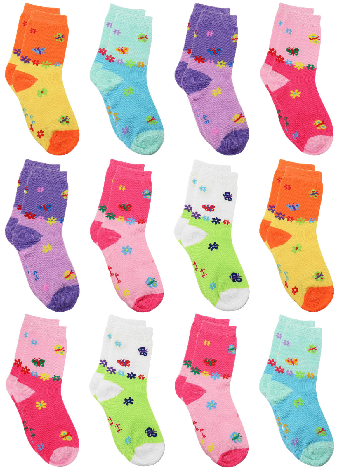 Falari 12-Pack Butterfly Unicorn Toddler Kids Girl Crew Socks 2-4, 4-6, 6-8 year