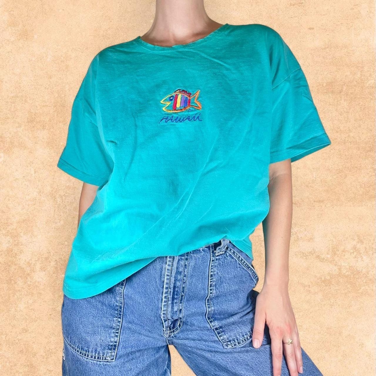 Vintage 90s Hawaii Embroidered T-Shirt Teal Fish Graphic Beach Made in USA XL