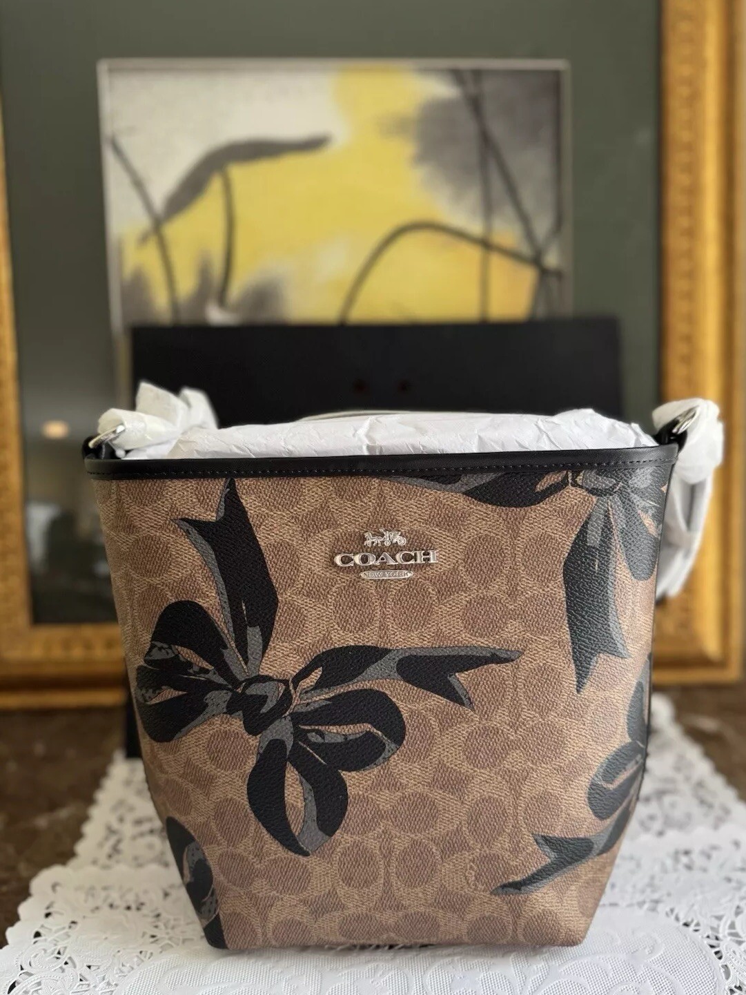 NWT Coach City Bucket Bag In Signature Canvas With Bow Print Tan Black Multi