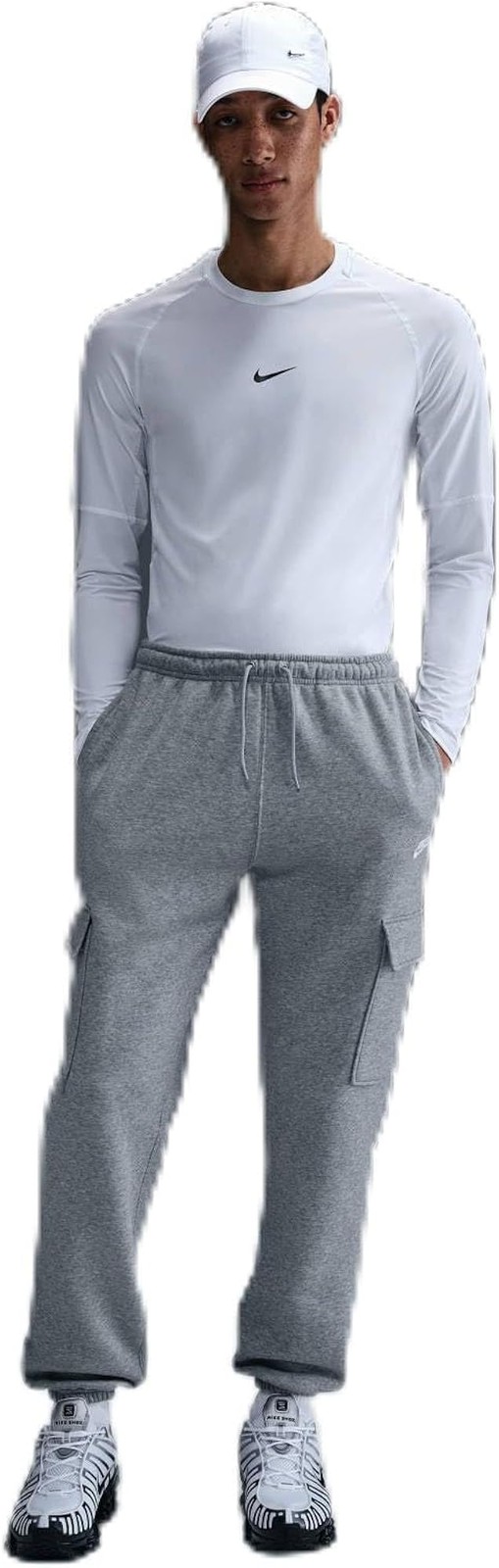 Nike Men’s Club Fleece Cargo Pants, Dark Grey Heather/Light Smoke Grey/White – D