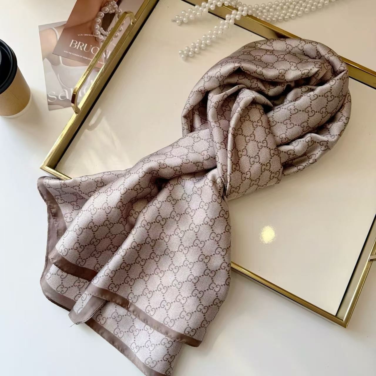GUCCI SCARF SHAWL AUTHENTIC 100% SILK BEIGE BROWN CLASSIC LOGO LIGHT WEIGHT
