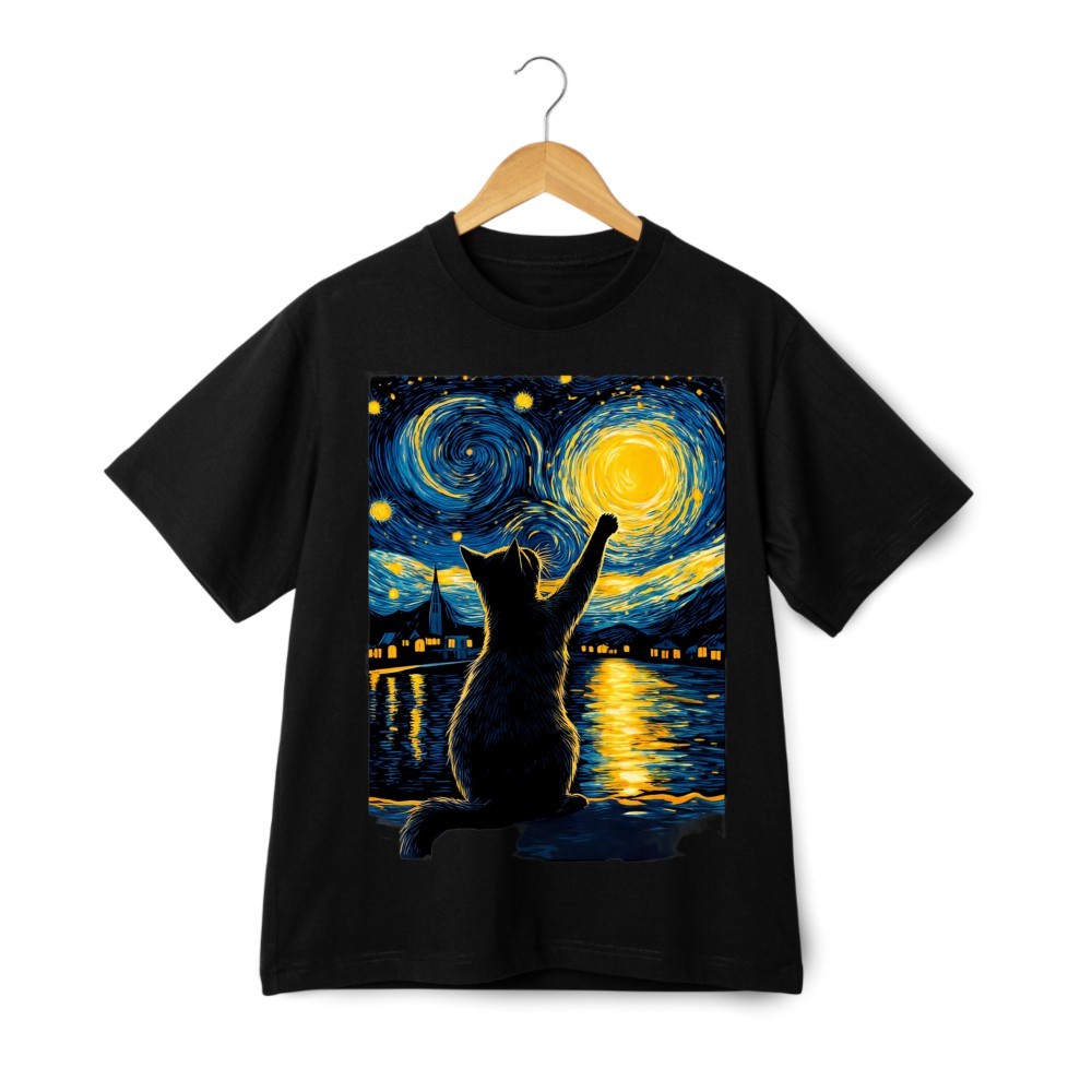 Starry Night Cat Reaching for the Stars Art Graphic T-Shirt Casual Design Tee