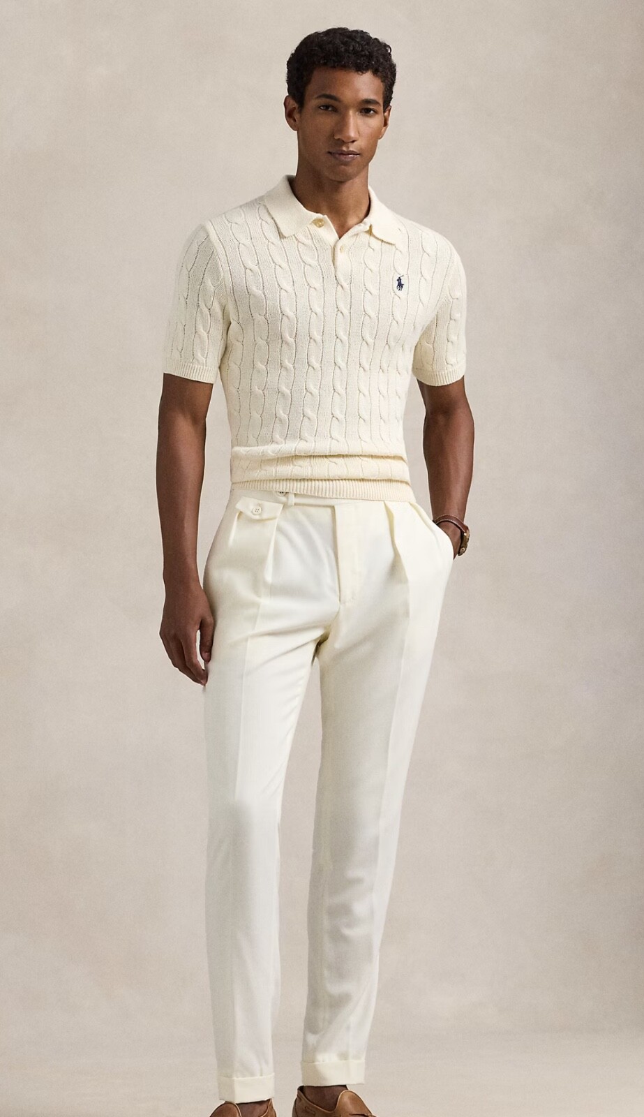 NWT Polo Ralph Lauren Cream Cotton Cable Knit Polo-Collar Short Sleeve Sweater