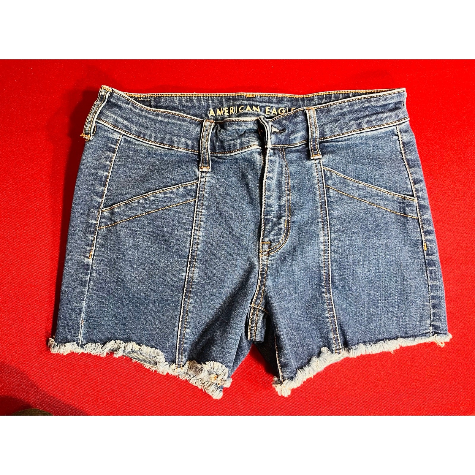 American Eagle Midi Super Stretch Denim Jorts Distressed Panel women size 8-good