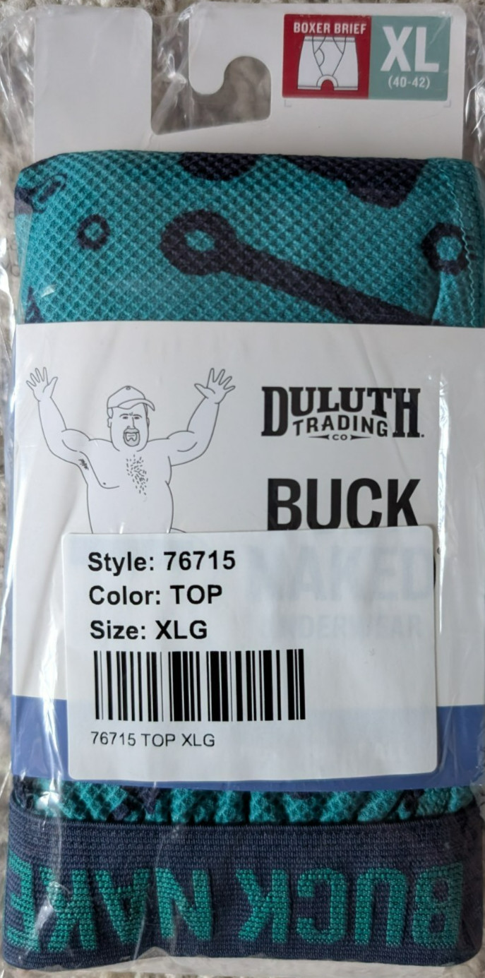 Duluth Trading Buck Naked Boxer Briefs Mens XL (40-42) Green w/ Tools Pattern