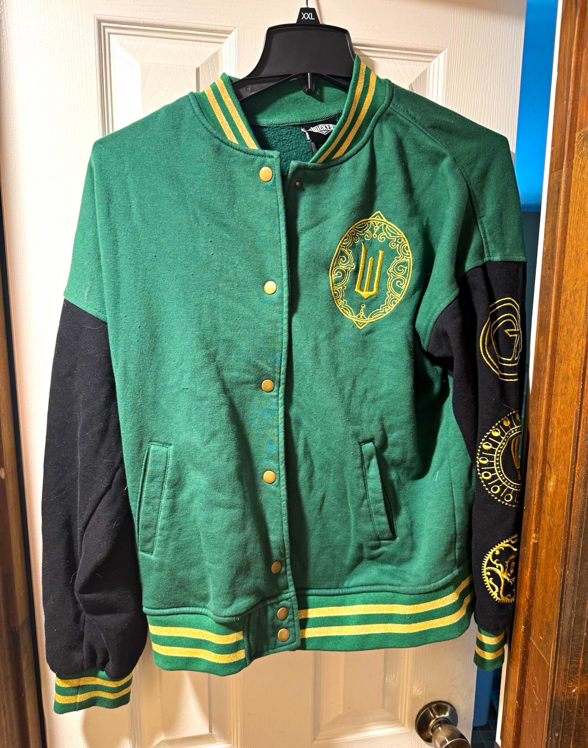 Wicked Emerald City Men’s Varsity Jacket Snap Front Embroidered Green/Black M