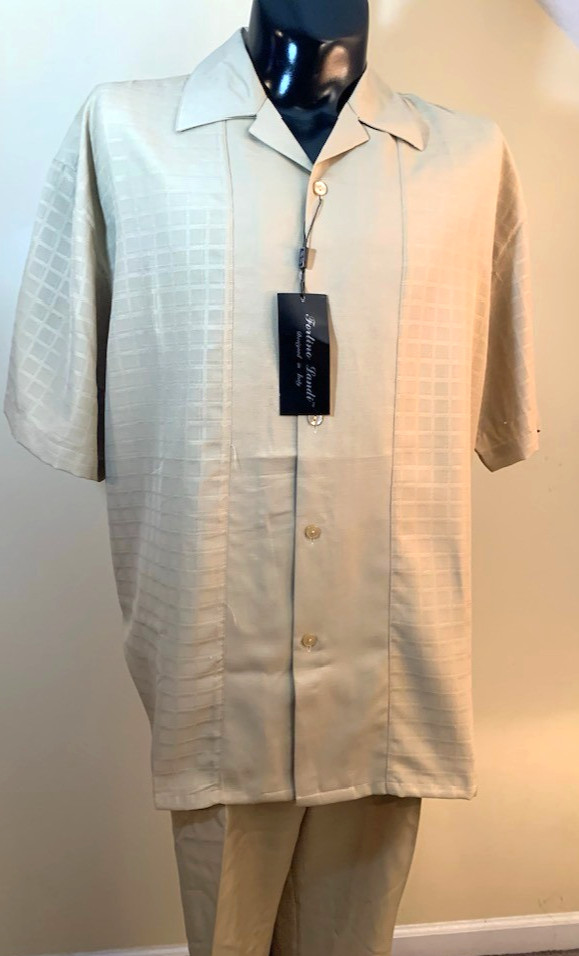 Fortino Landi Mens 2pc Walking Suit Shirt Pleated Pants Set 2XL Beige Plaid 42