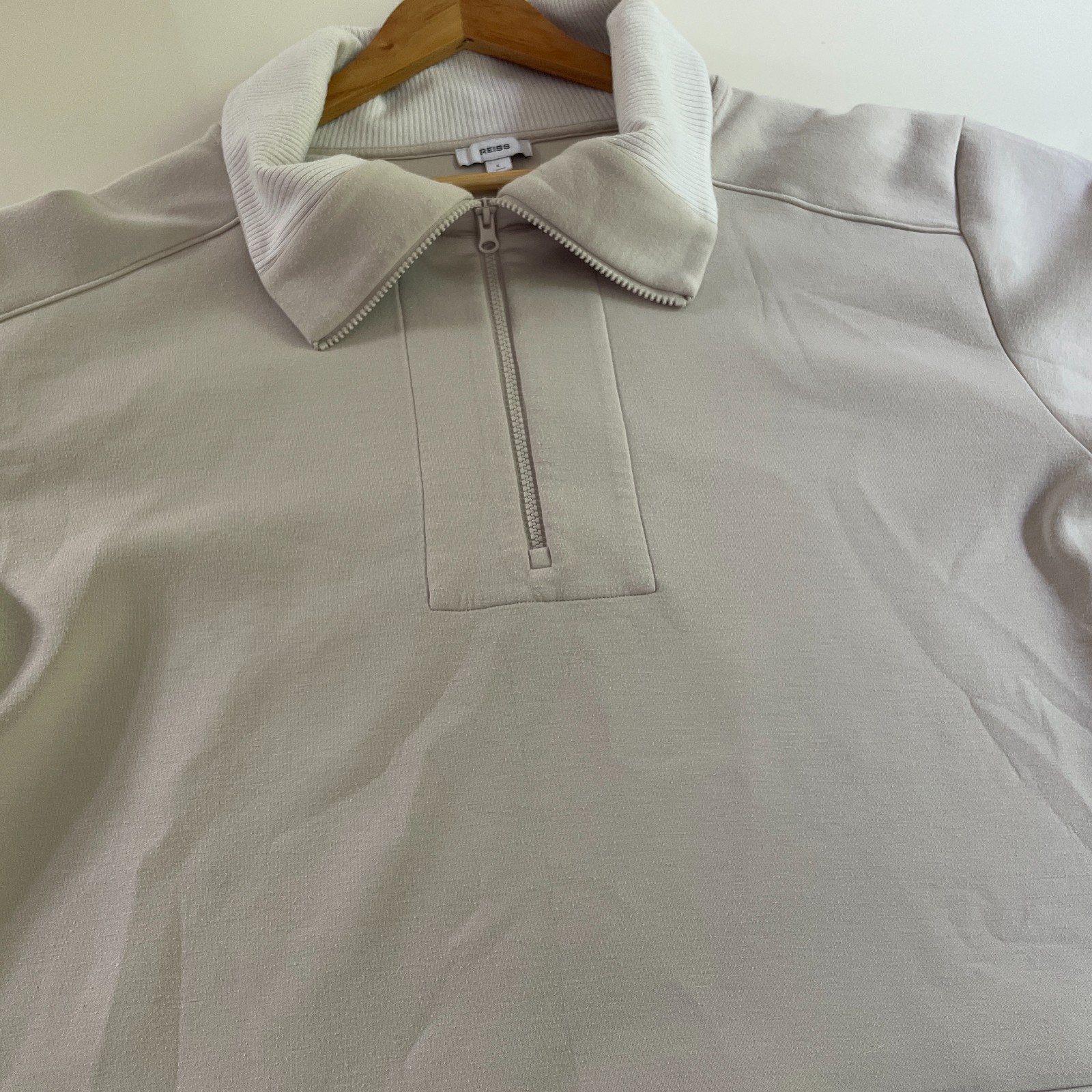 REISS Laney Premium Interlock Half Zip Sweatshirt Stone Neutral Size L Large