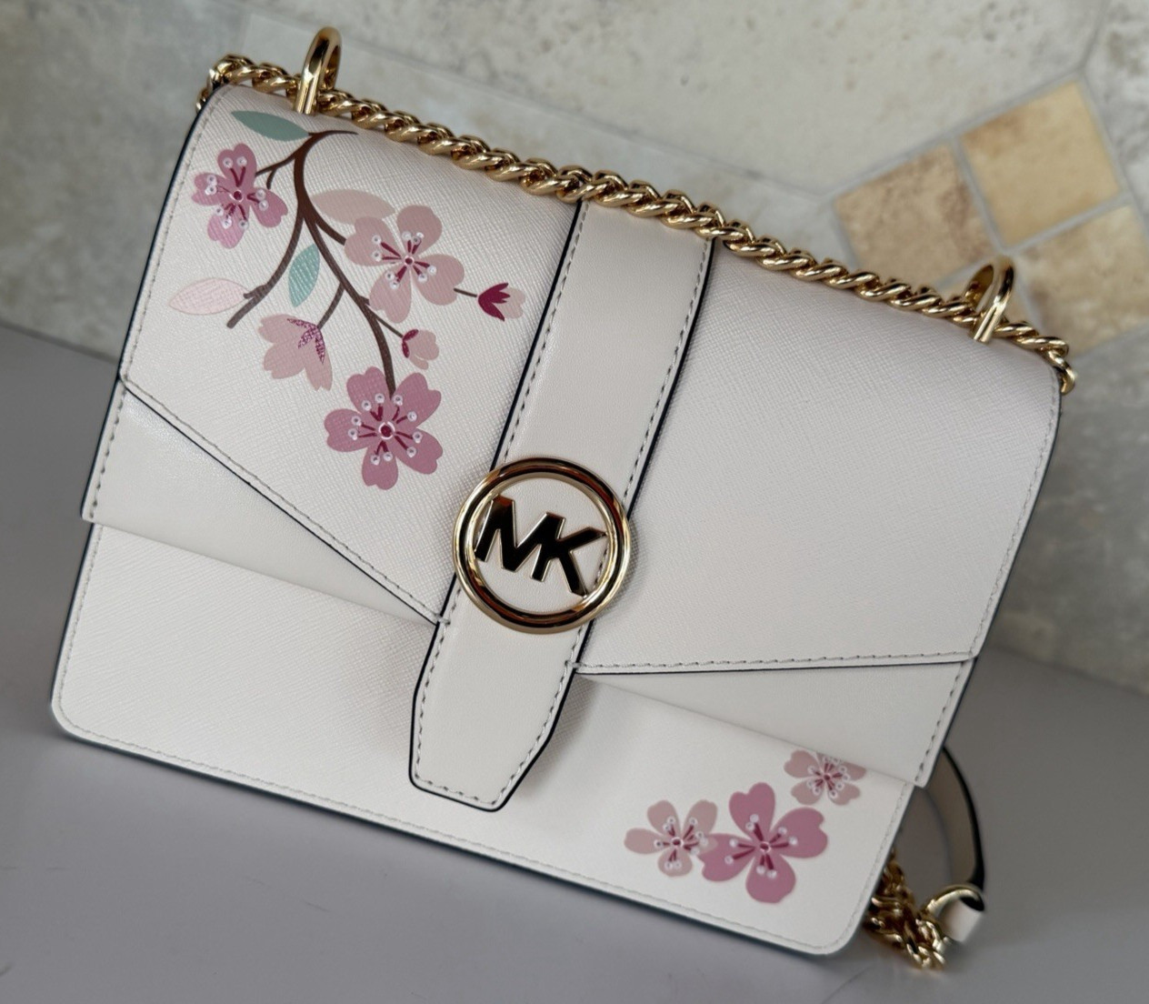 Michael Kors Greenwich Small Shoulder Flap Crossbody Bag Light Cream Multi