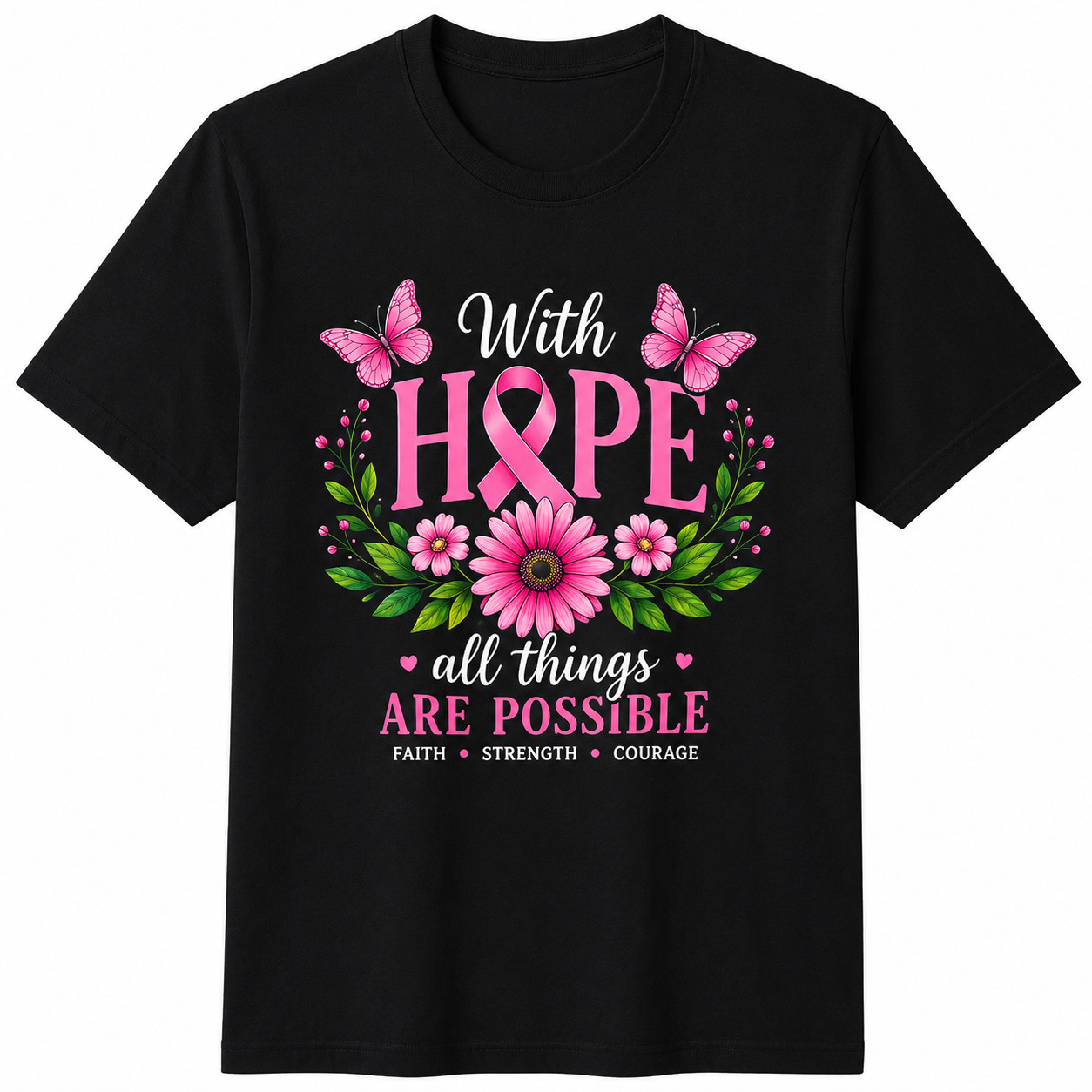 Breast Cancer Awareness Pink Ribbon Hope Floral Faith Survivor Support UnisexTee